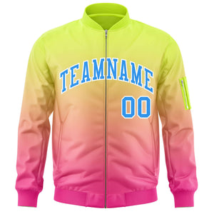 Custom Neon Green Pink-Powder Blue Varsity Full-Zip Gradient Fashion Letterman Bomber Jacket