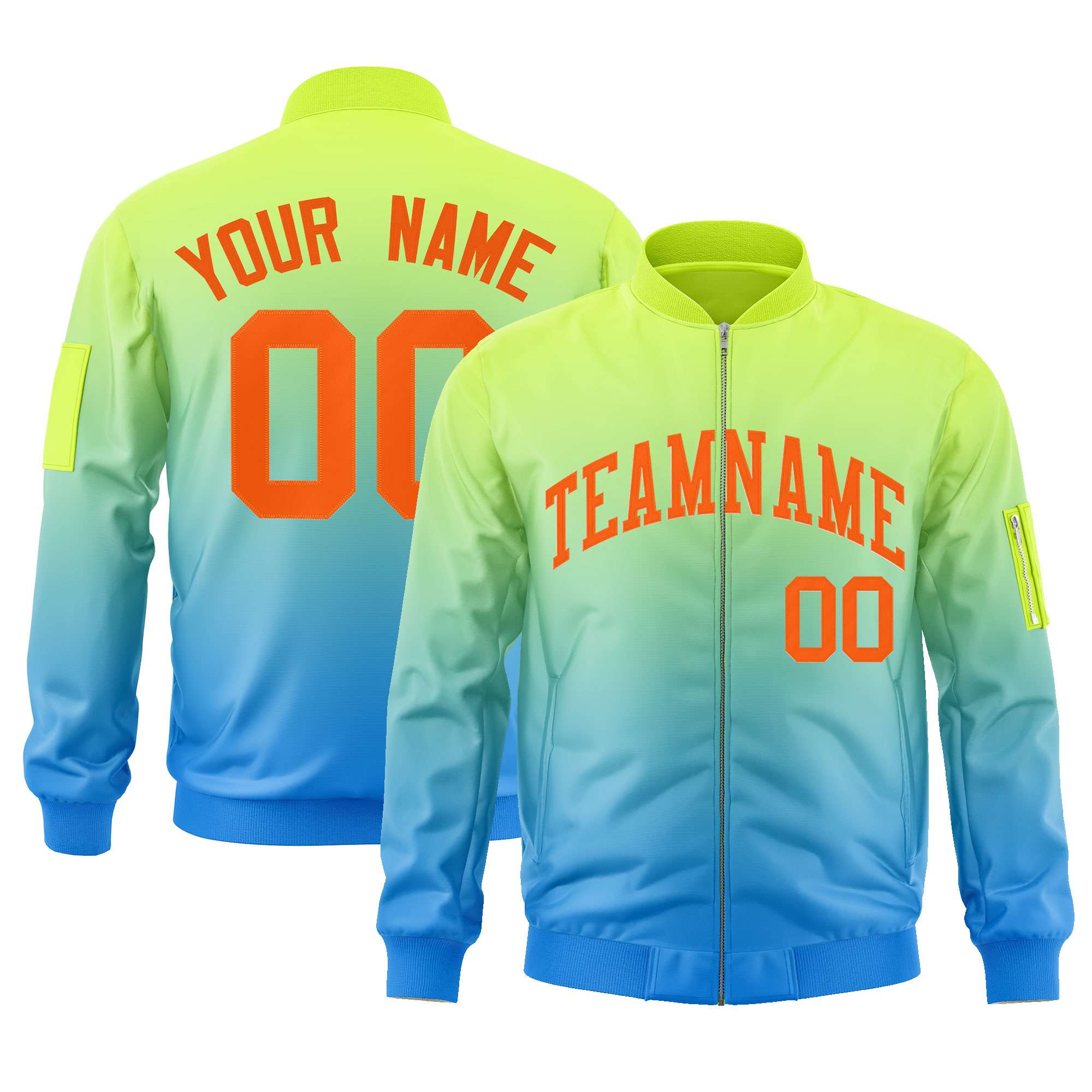 Custom Neon Green Powder Blue-Orange Varsity Full-Zip Gradient Fashion Letterman Bomber Jacket