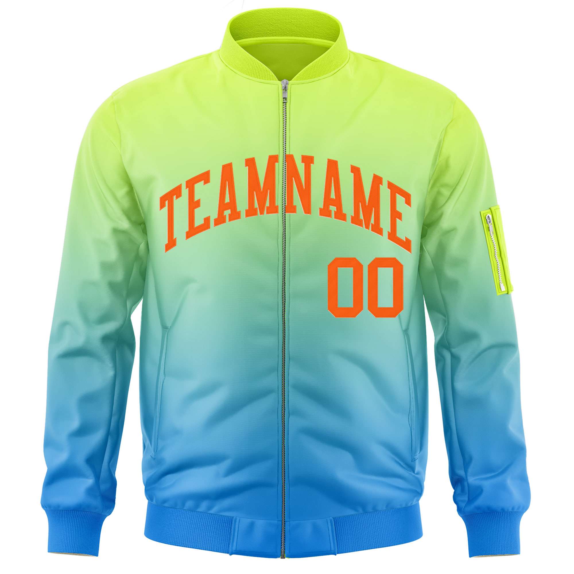 Custom Neon Green Powder Blue-Orange Varsity Full-Zip Gradient Fashion Letterman Bomber Jacket