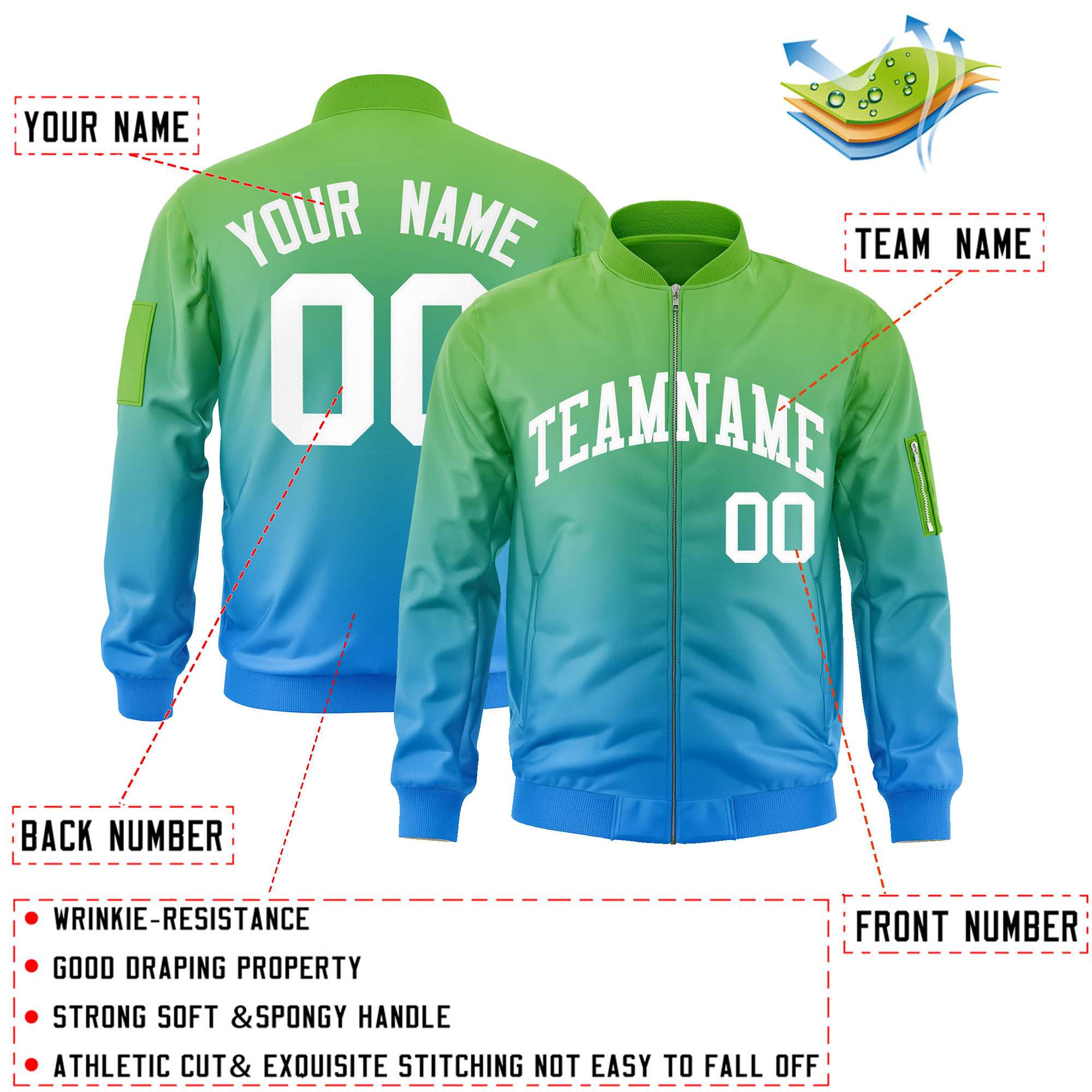 Custom Green Powder Blue-White Varsity Full-Zip Gradient Fashion Letterman Bomber Jacket