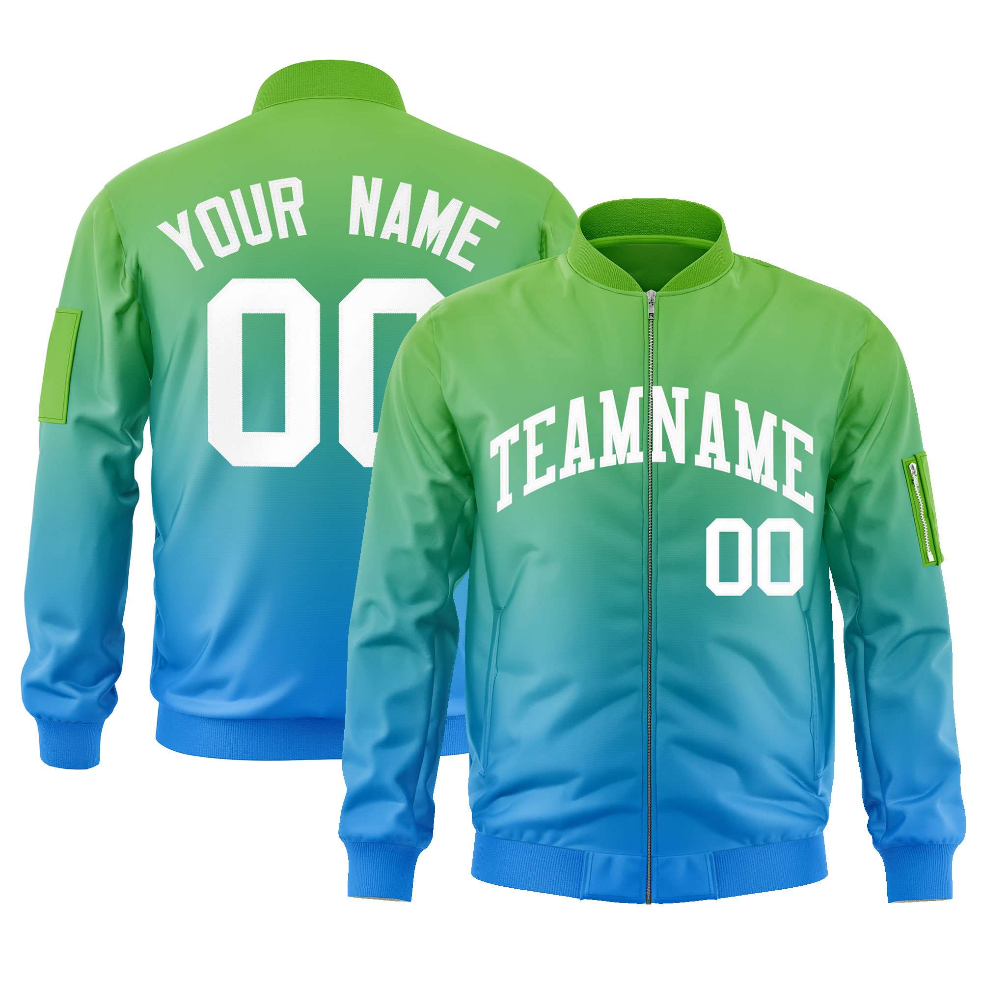 Custom Green Powder Blue-White Varsity Full-Zip Gradient Fashion Letterman Bomber Jacket