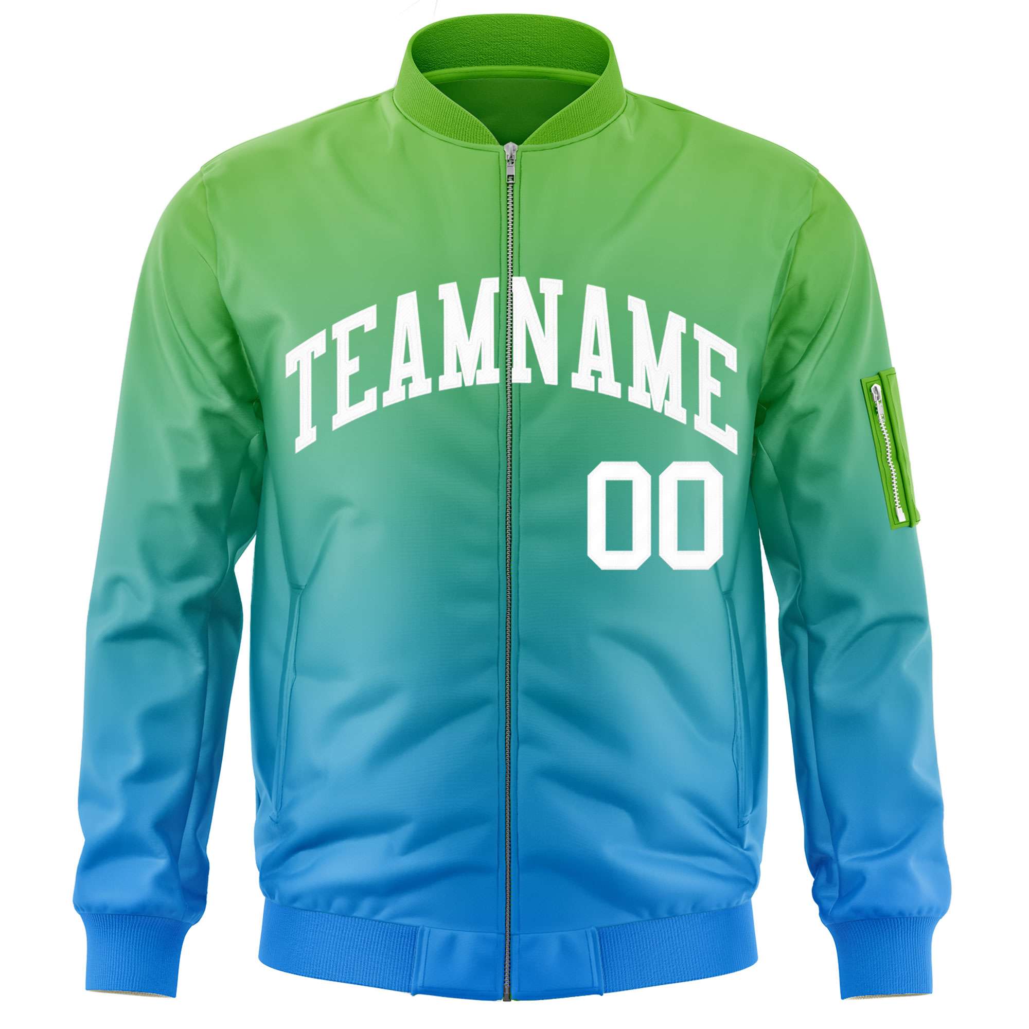 Custom Green Powder Blue-White Varsity Full-Zip Gradient Fashion Letterman Bomber Jacket