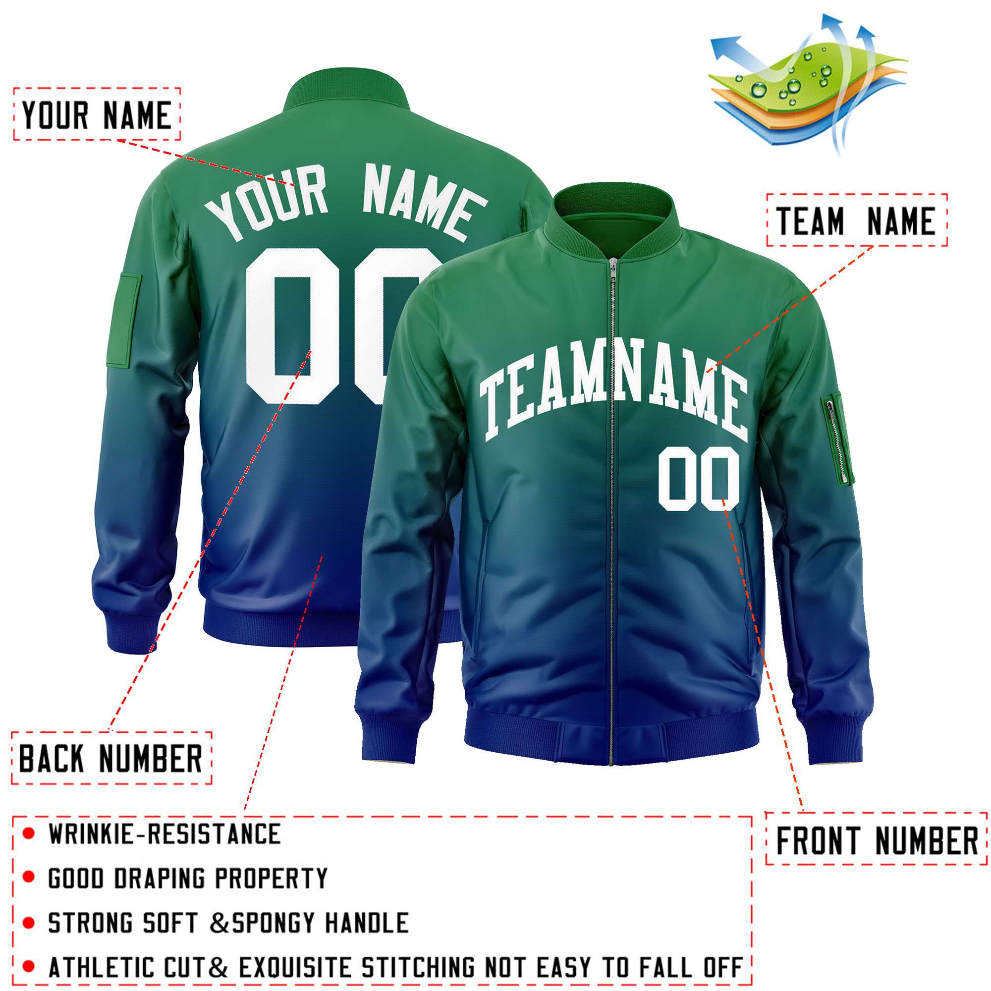 Custom Kelly Green Royal-White Varsity Full-Zip Gradient Fashion Letterman Bomber Jacket