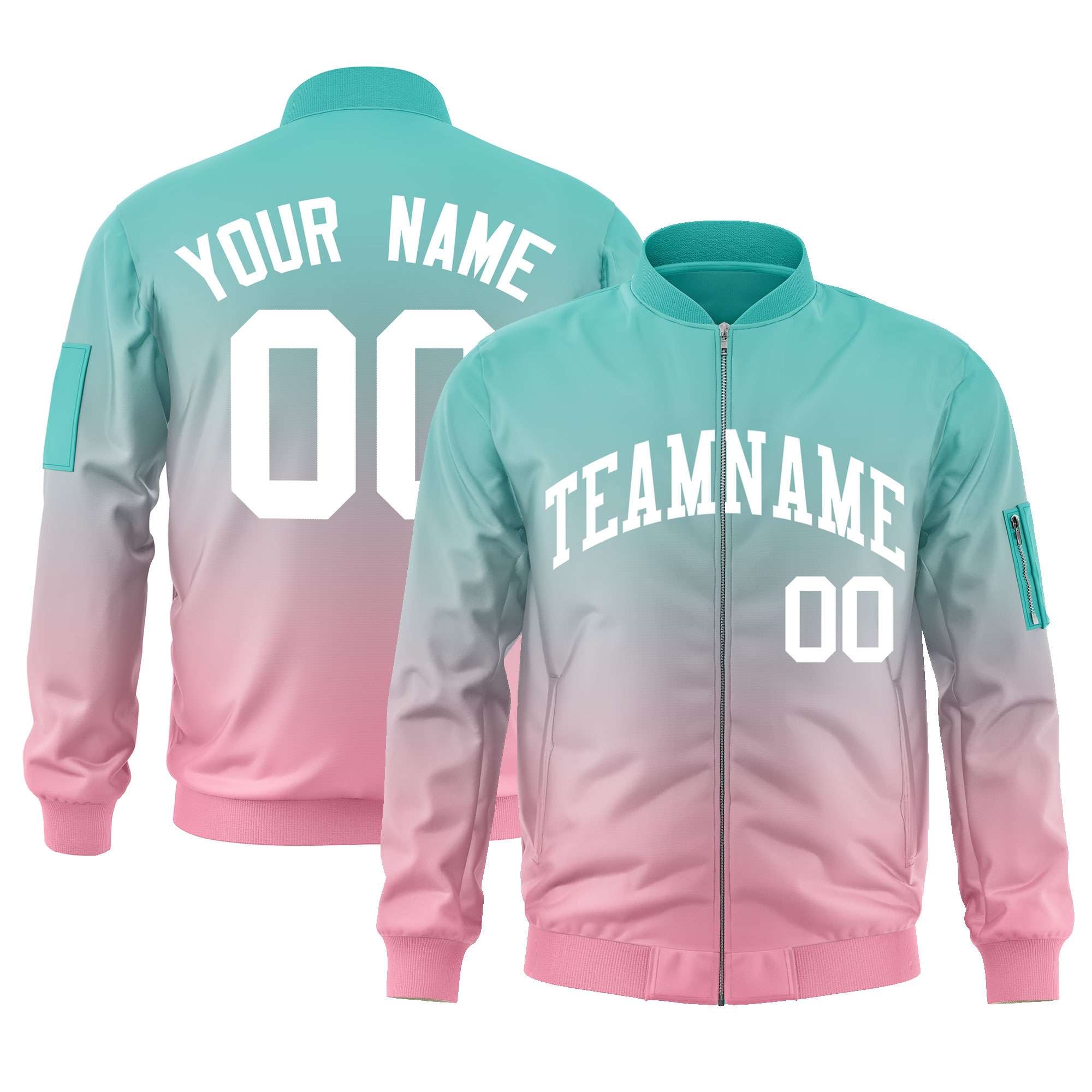 Custom Aqua Pink-White Varsity Full-Zip Gradient Fashion Letterman Bomber Jacket