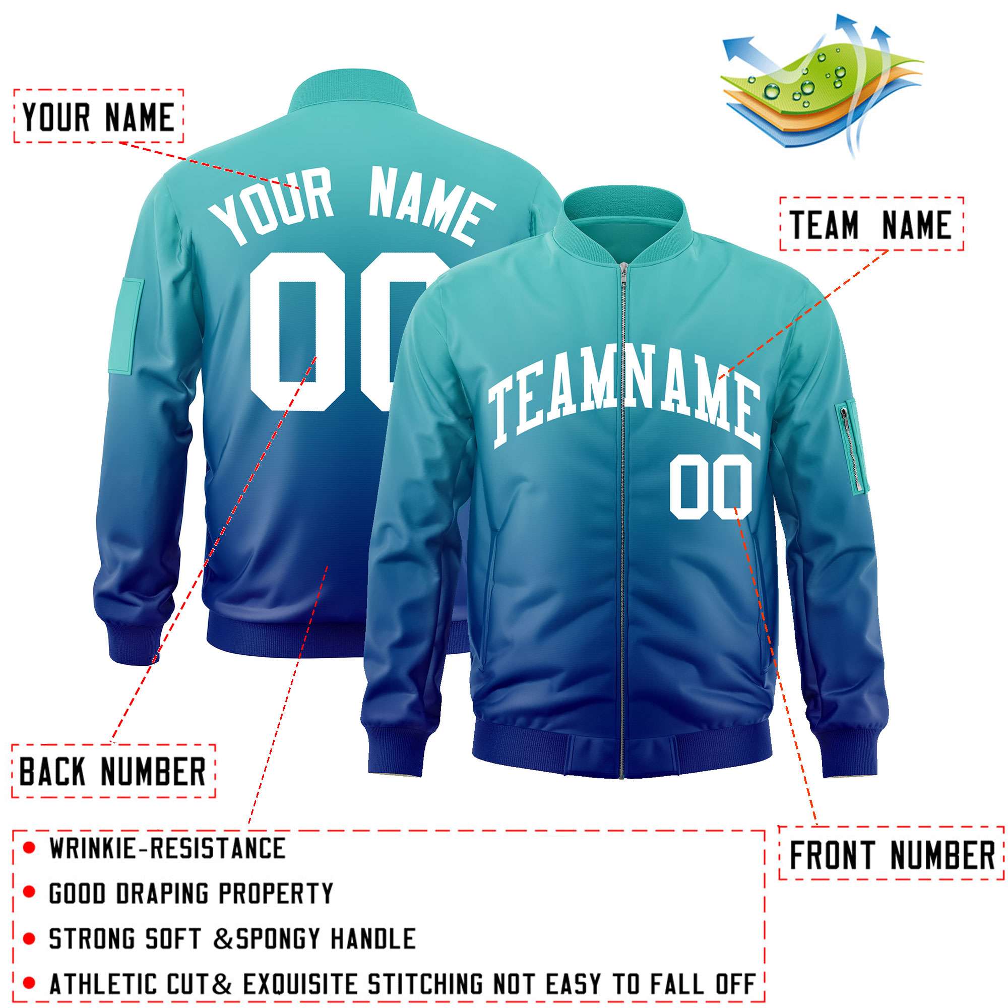 Custom Aqua Royal-White Varsity Full-Zip Gradient Fashion Letterman Bomber Jacket