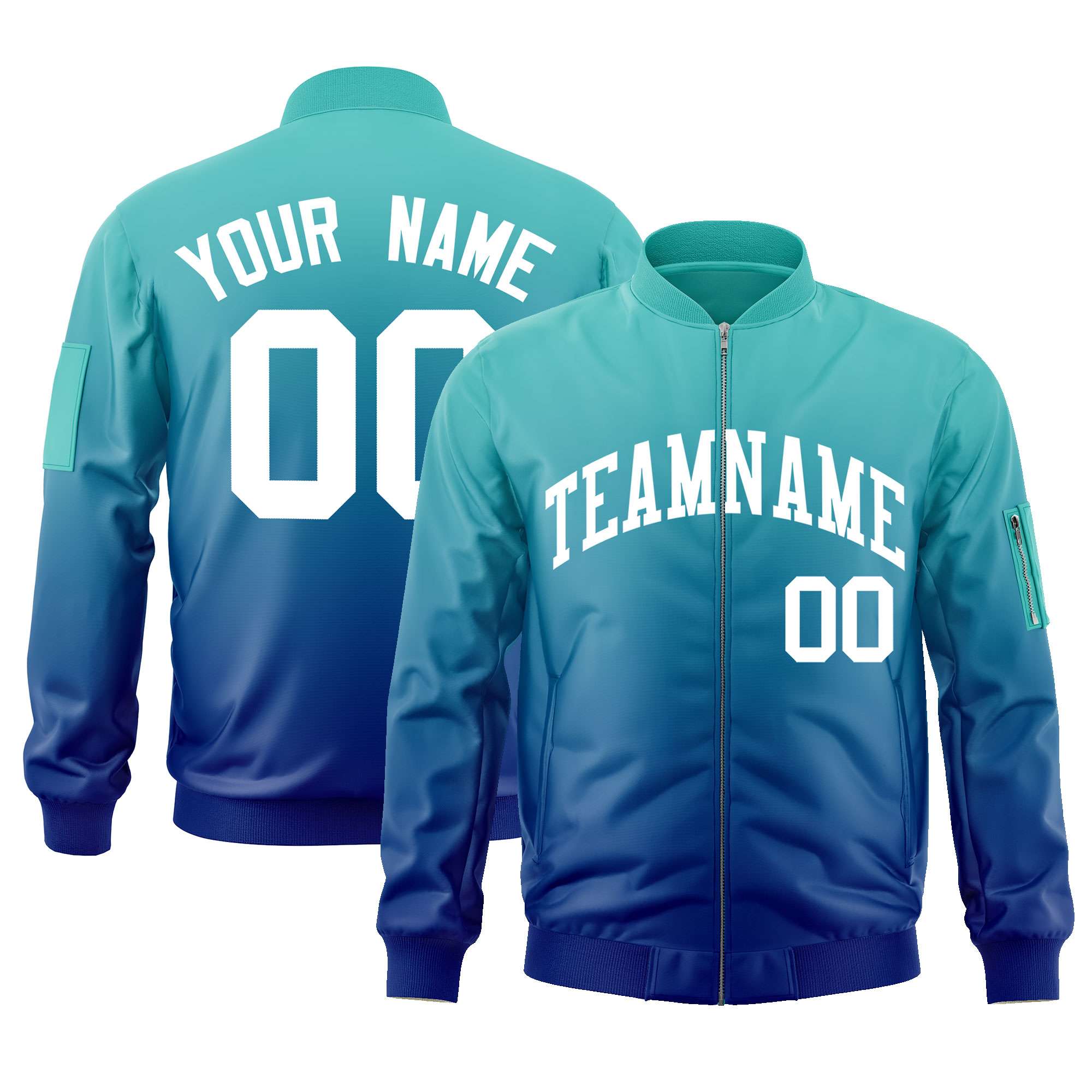 Custom Aqua Royal-White Varsity Full-Zip Gradient Fashion Letterman Bomber Jacket