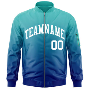 Custom Aqua Royal-White Varsity Full-Zip Gradient Fashion Letterman Bomber Jacket