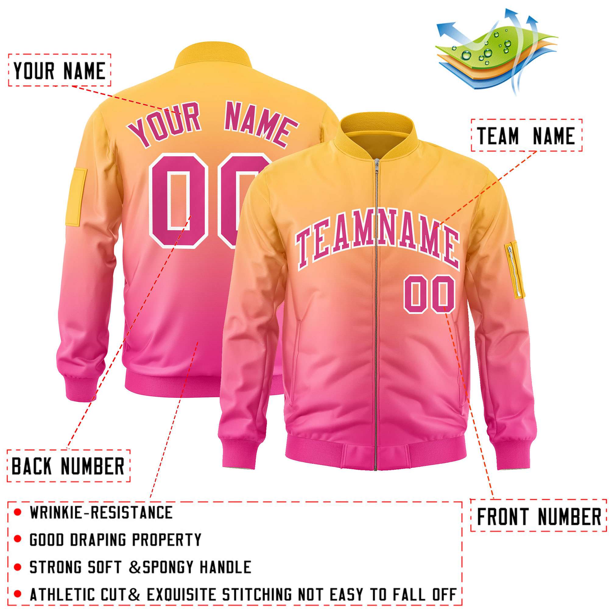 Custom Gold Pink Varsity Full-Zip Gradient Fashion Letterman Bomber Jacket