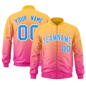 Custom Gold Pink-Powder Blue Varsity Full-Zip Gradient Fashion Letterman Bomber Jacket