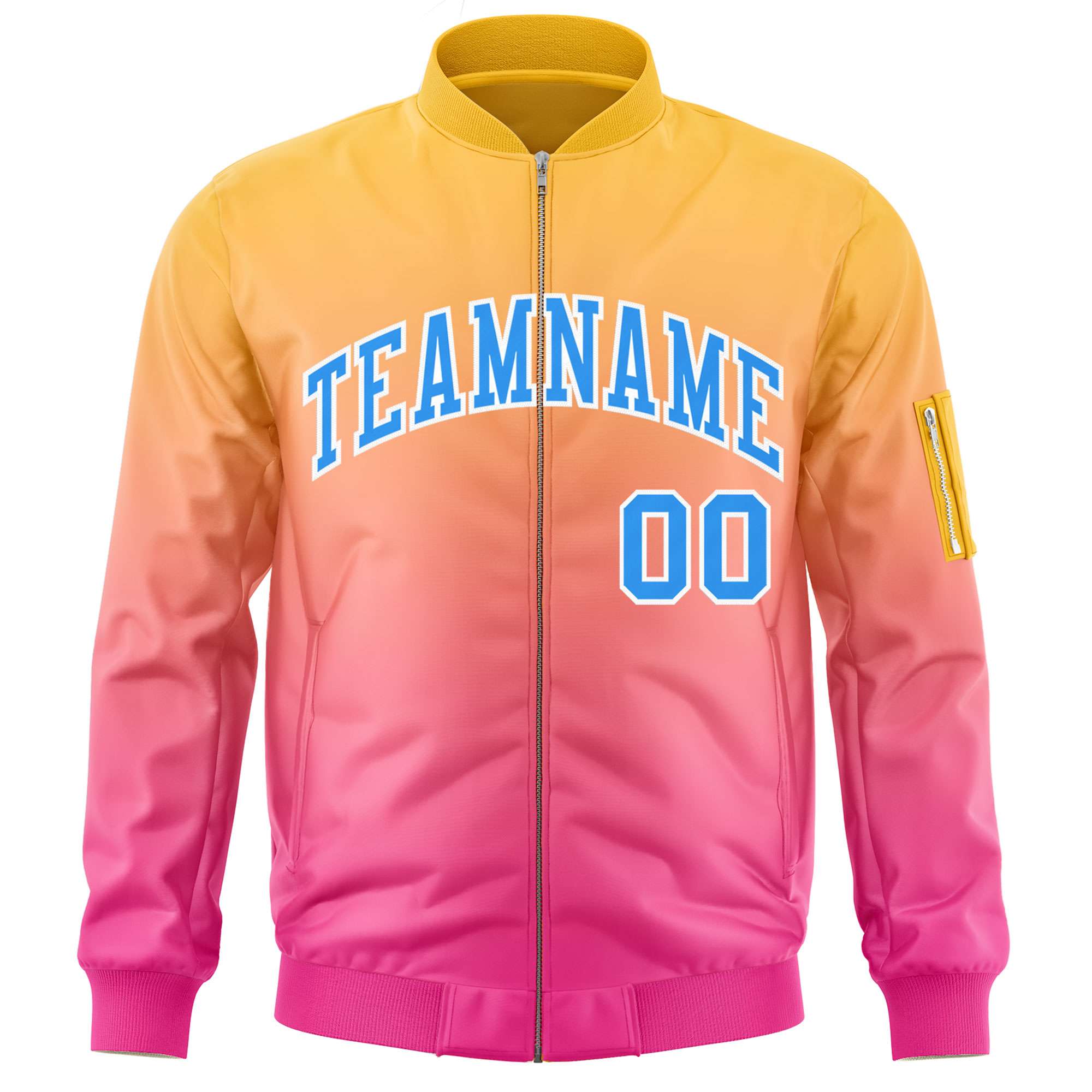 Custom Gold Pink-Powder Blue Varsity Full-Zip Gradient Fashion Letterman Bomber Jacket