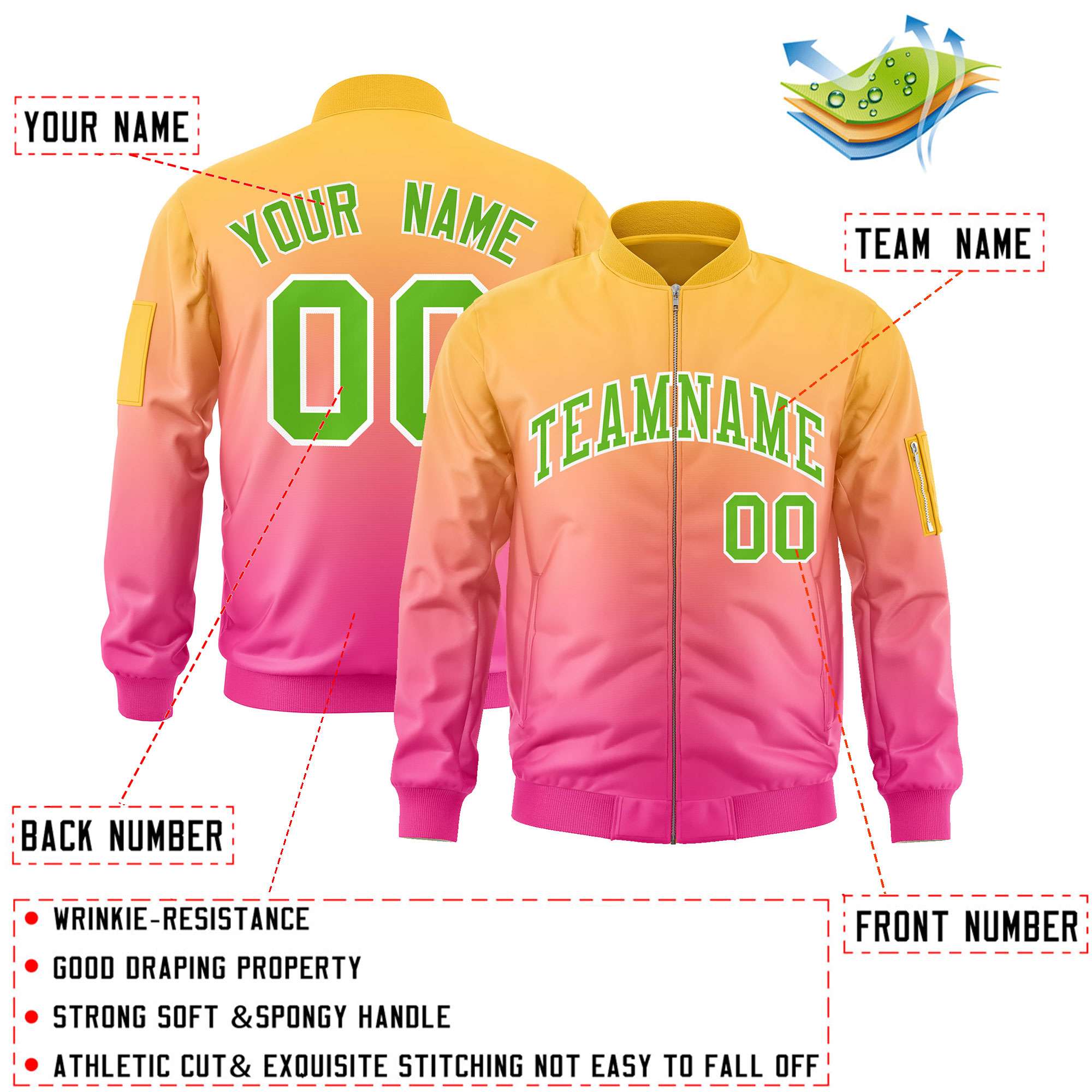 Custom Gold Pink-Green Varsity Full-Zip Gradient Fashion Letterman Bomber Jacket