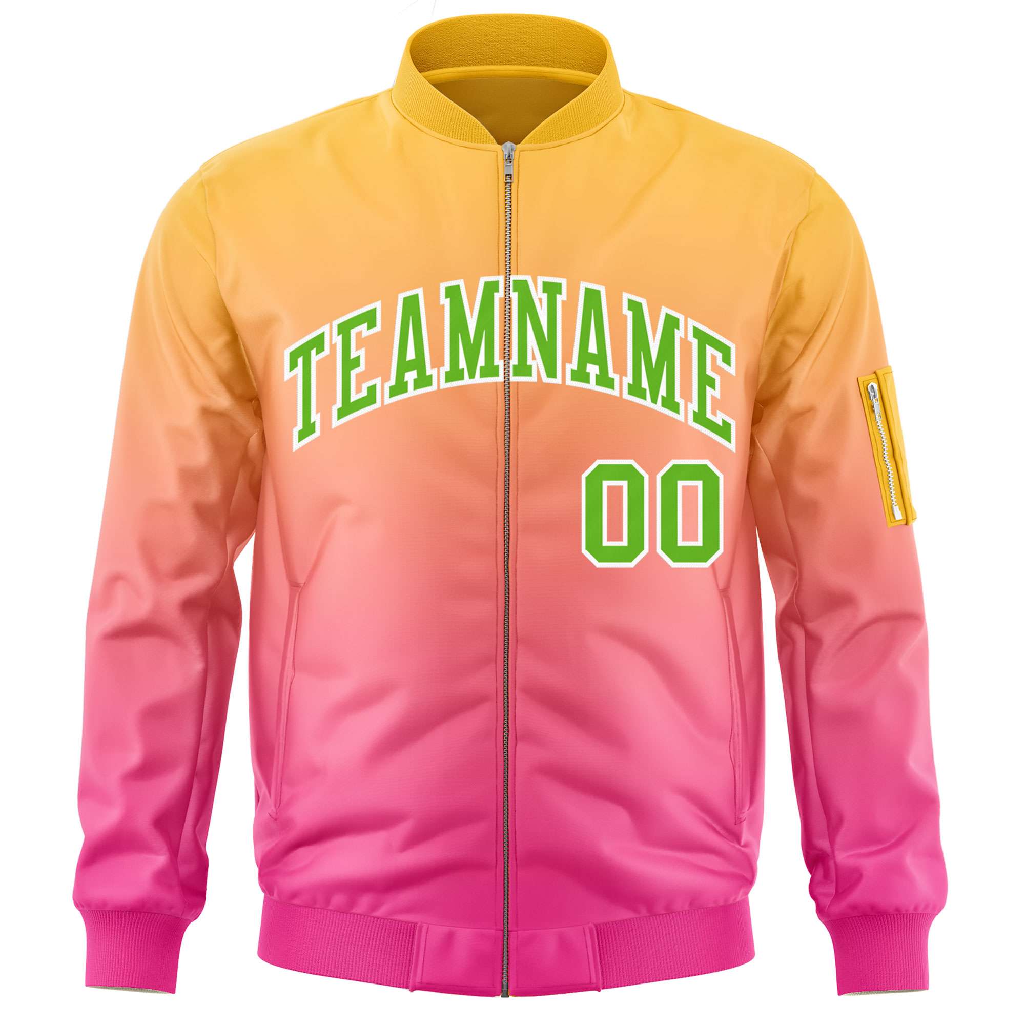 Custom Gold Pink-Green Varsity Full-Zip Gradient Fashion Letterman Bomber Jacket