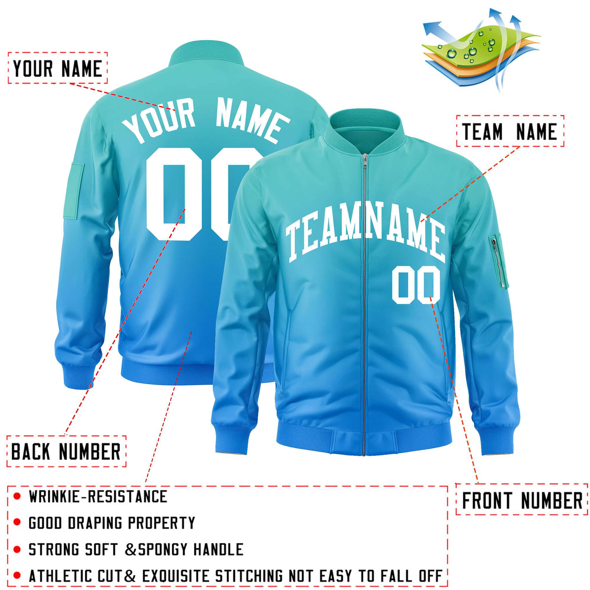 Custom Aqua Powder Blue-White Varsity Full-Zip Gradient Fashion Letterman Bomber Jacket