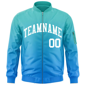 Custom Aqua Powder Blue-White Varsity Full-Zip Gradient Fashion Letterman Bomber Jacket