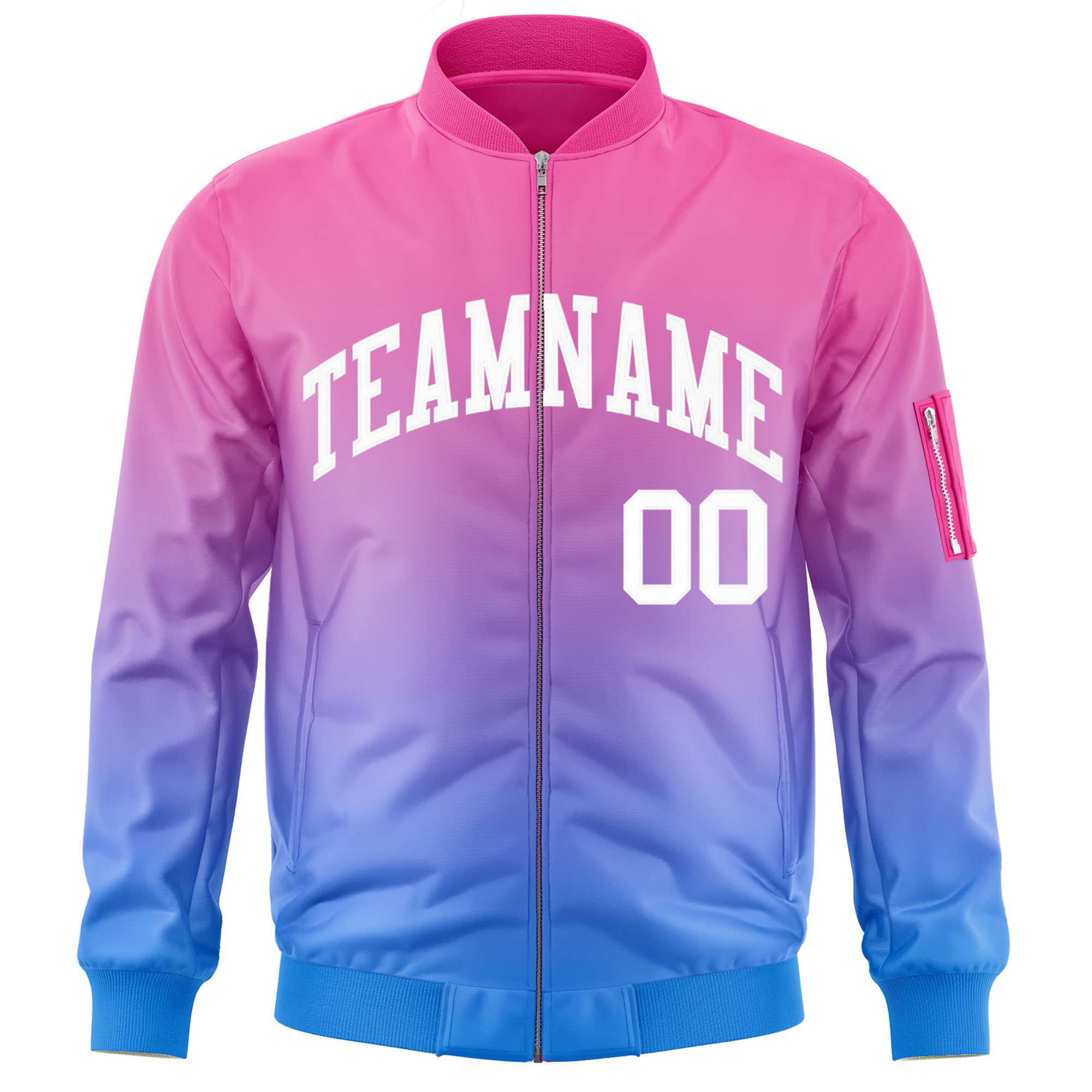 Custom Pink Powder Blue-White Varsity Full-Zip Gradient Fashion Letterman Bomber Jacket