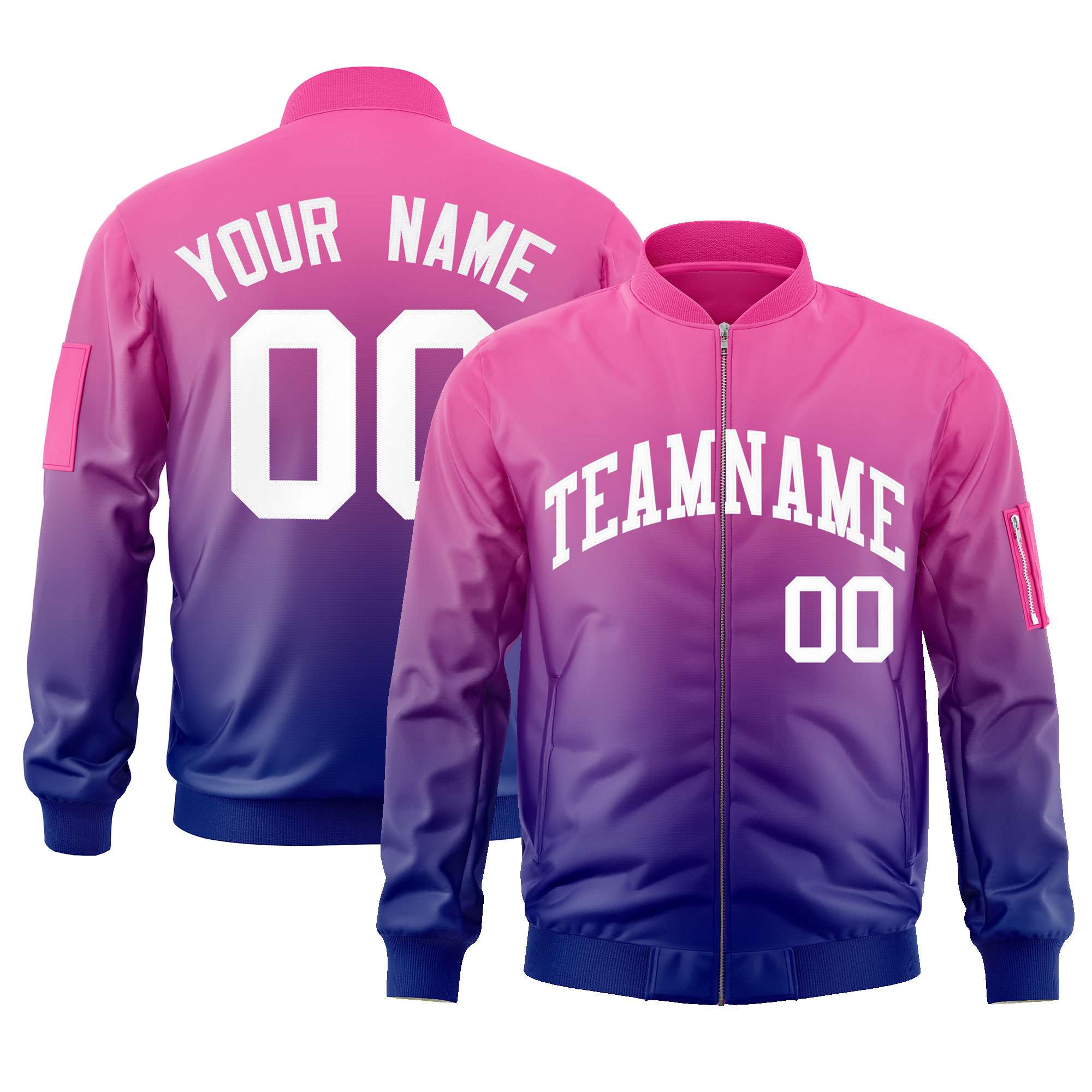 Custom Pink Purple-White Varsity Full-Zip Gradient Fashion Letterman Bomber Jacket