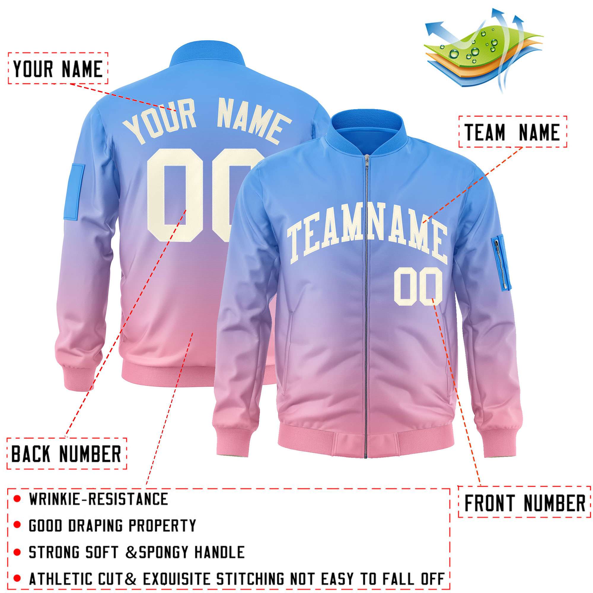 Custom Powder Blue Pink-Cream Varsity Full-Zip Gradient Fashion Letterman Bomber Jacket