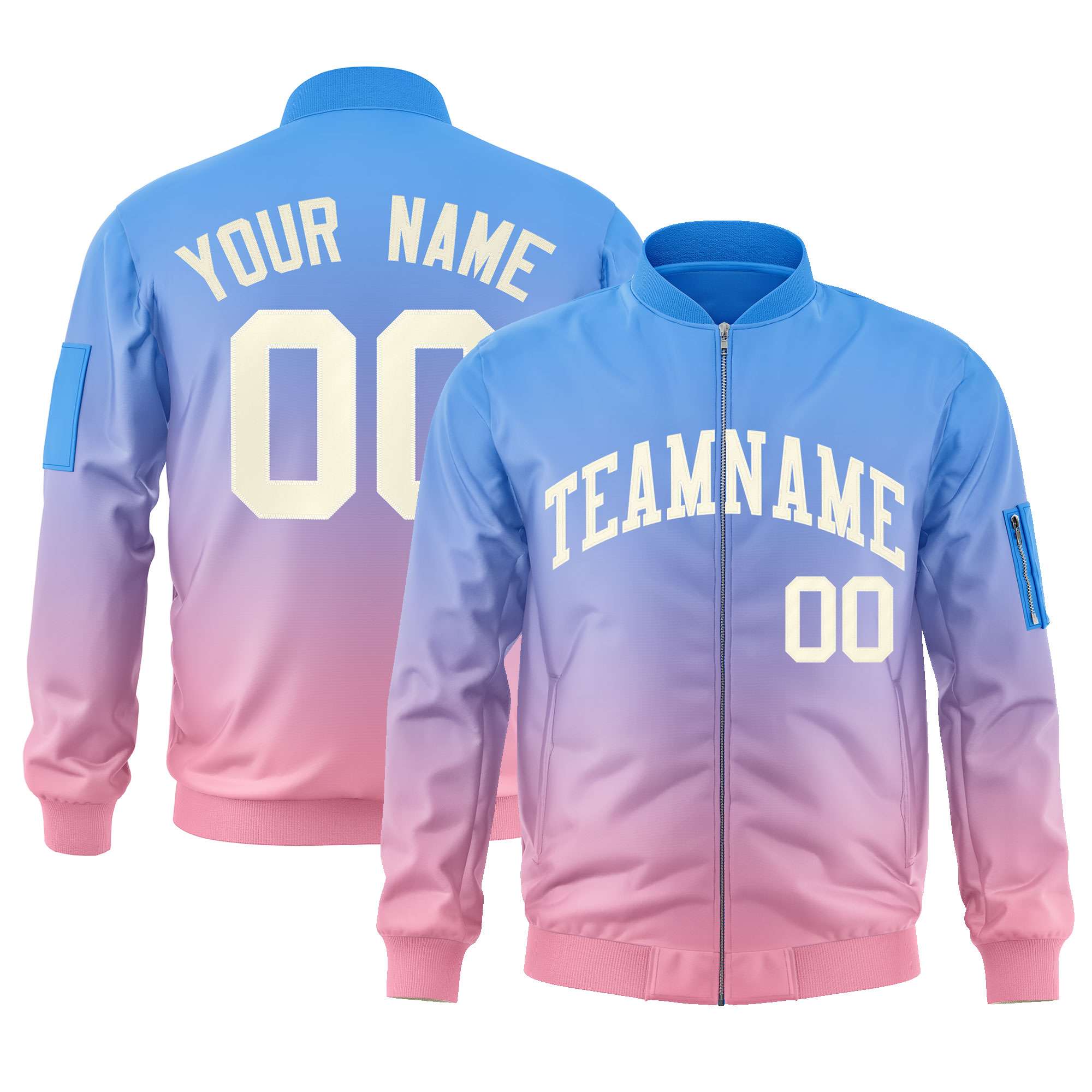 Custom Powder Blue Pink-Cream Varsity Full-Zip Gradient Fashion Letterman Bomber Jacket