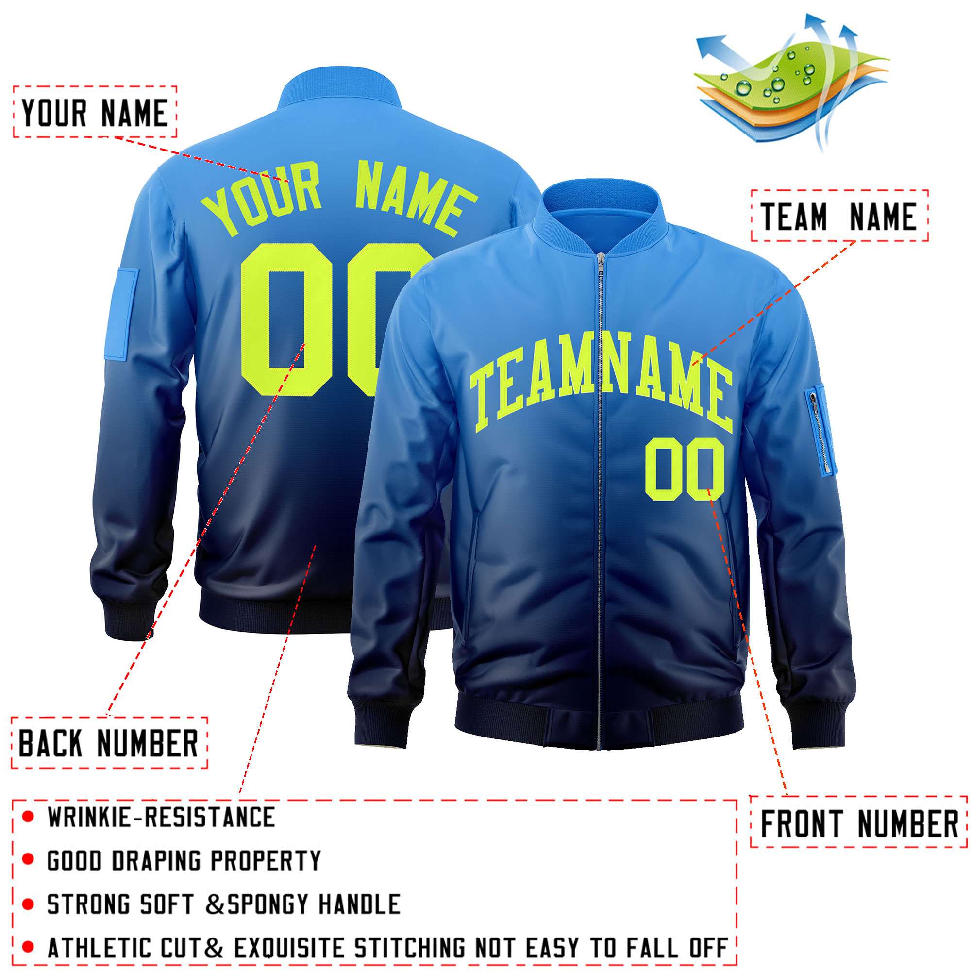 Custom Powder Blue Navy-Neon Green Varsity Full-Zip Gradient Fashion Letterman Bomber Jacket