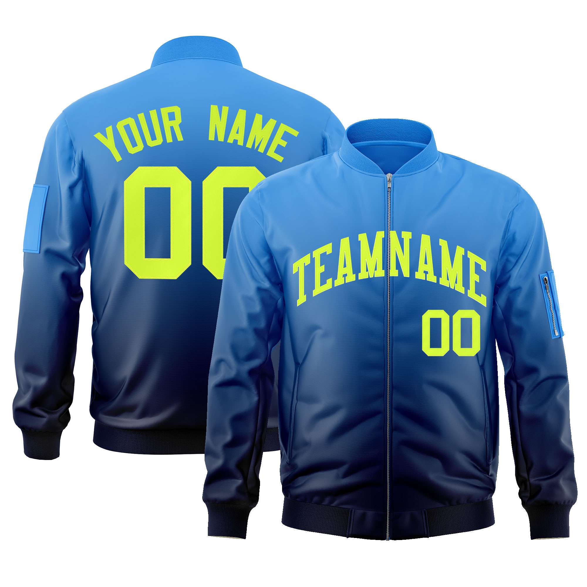 Custom Powder Blue Navy-Neon Green Varsity Full-Zip Gradient Fashion Letterman Bomber Jacket