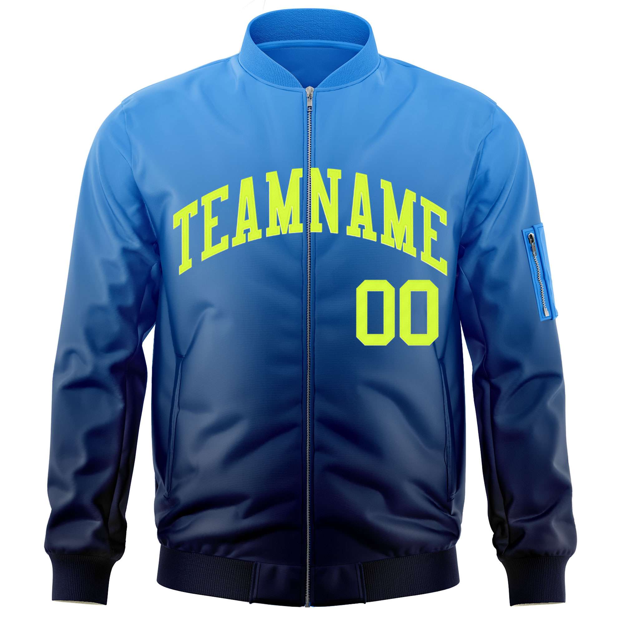 Custom Powder Blue Navy-Neon Green Varsity Full-Zip Gradient Fashion Letterman Bomber Jacket