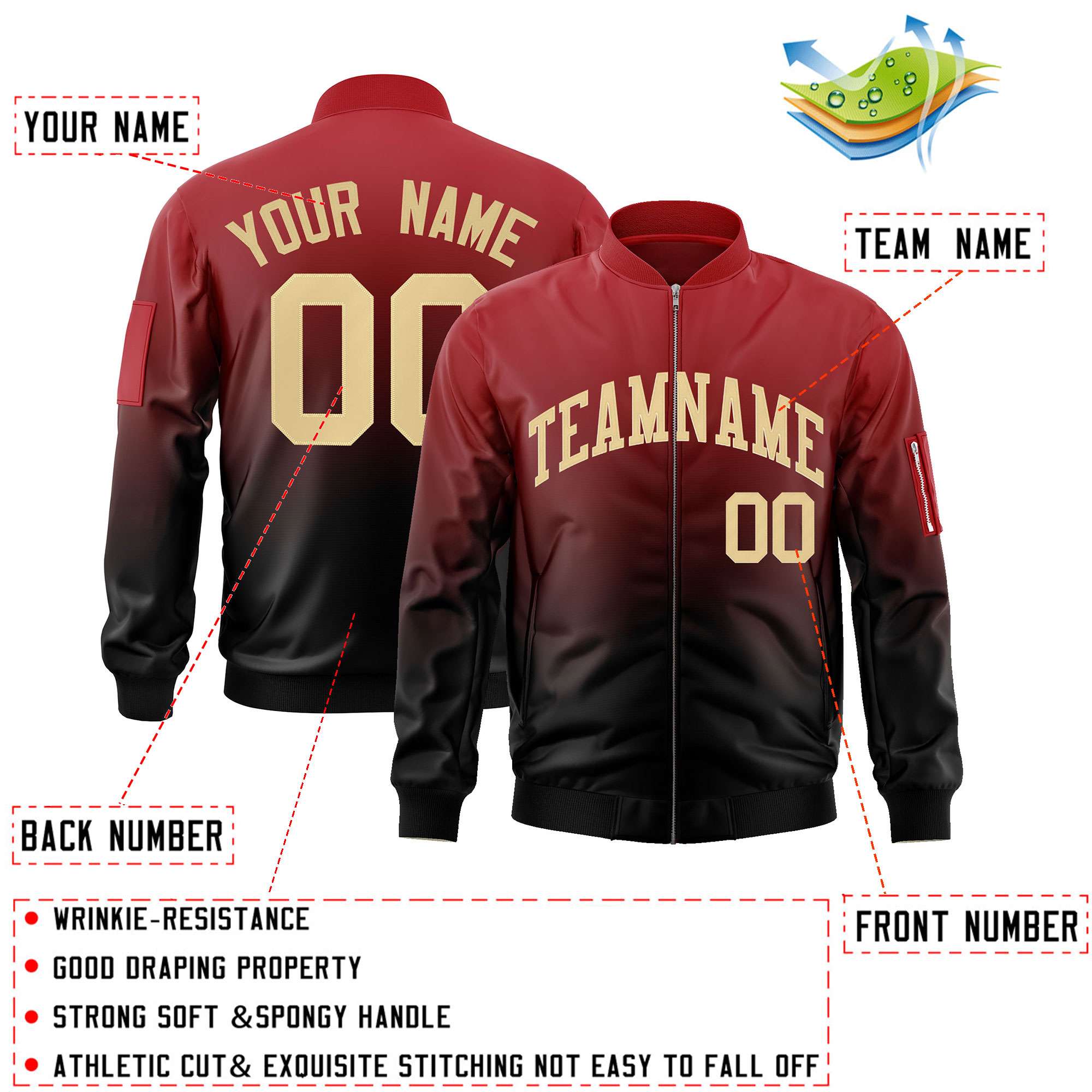 Custom Red Black-Khaki Varsity Full-Zip Gradient Fashion Letterman Bomber Jacket