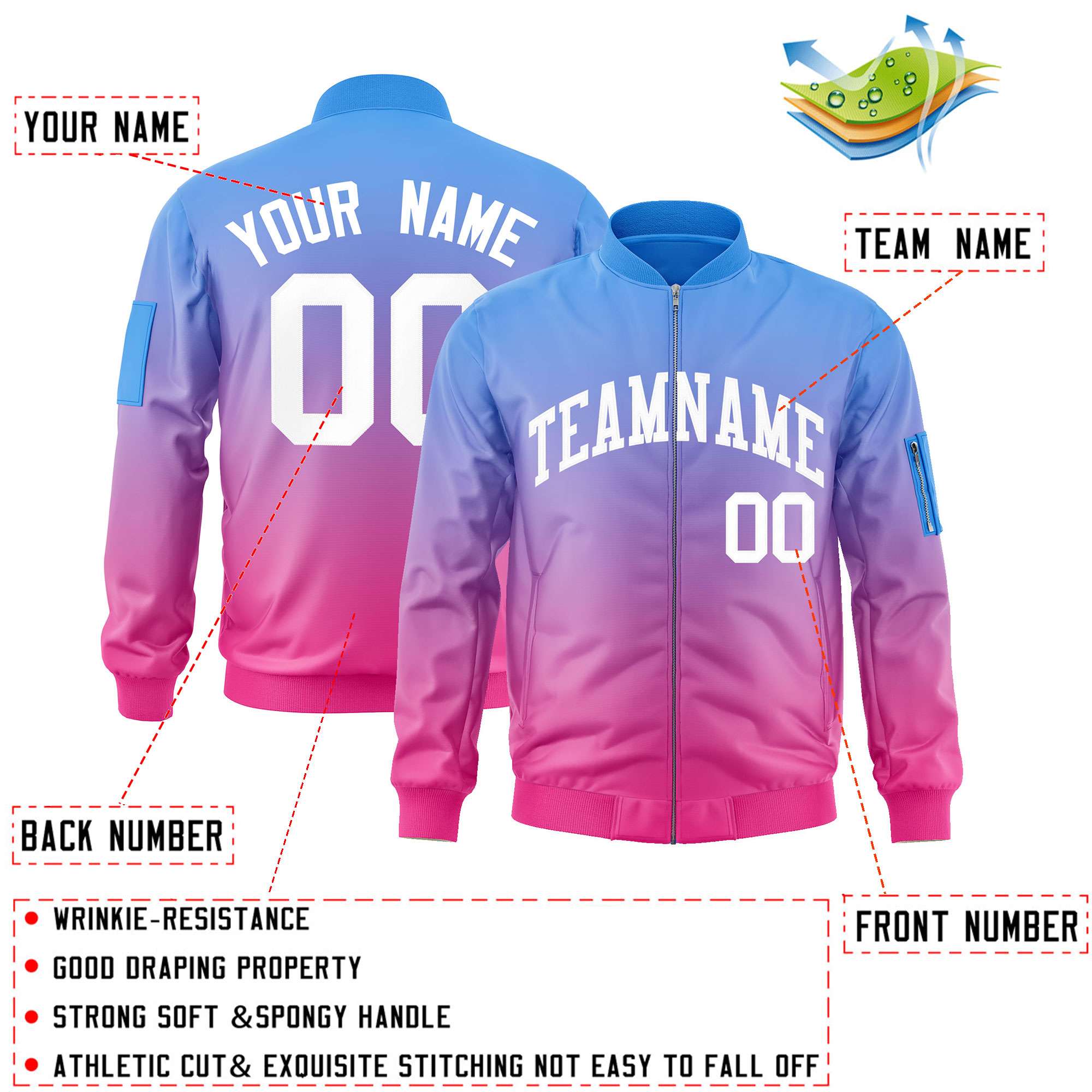 Custom Powder Blue Pink-White Varsity Full-Zip Gradient Fashion Letterman Bomber Jacket