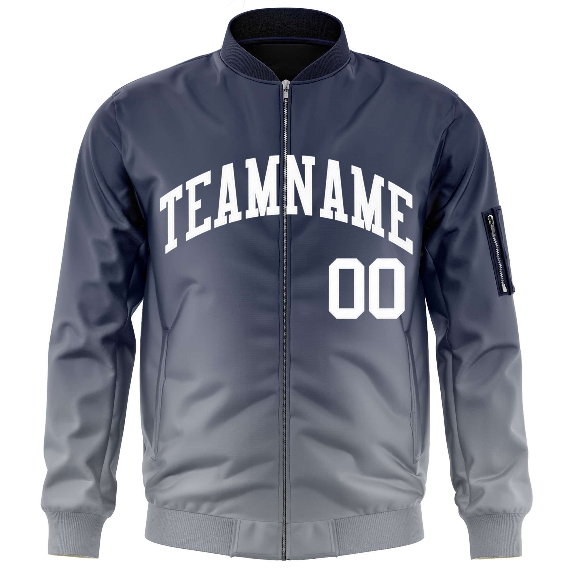 Custom Navy Gray-White Varsity Full-Zip Gradient Fashion Letterman Bomber Jacket