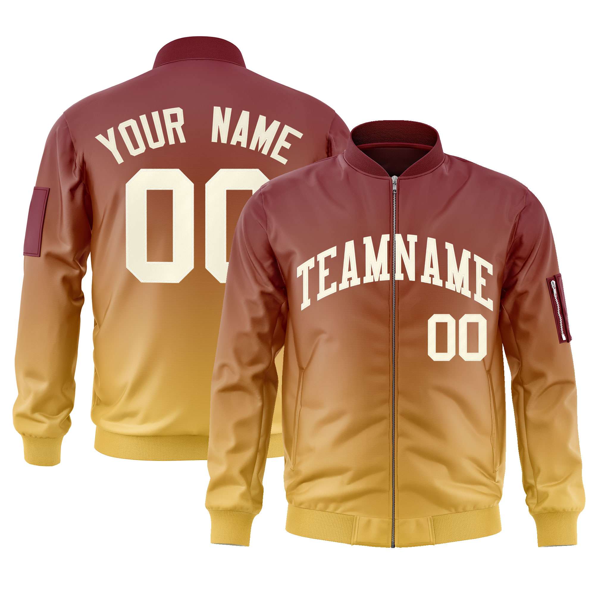 Custom Crimson Yellow-Cream Varsity Full-Zip Gradient Fashion Letterman Bomber Jacket