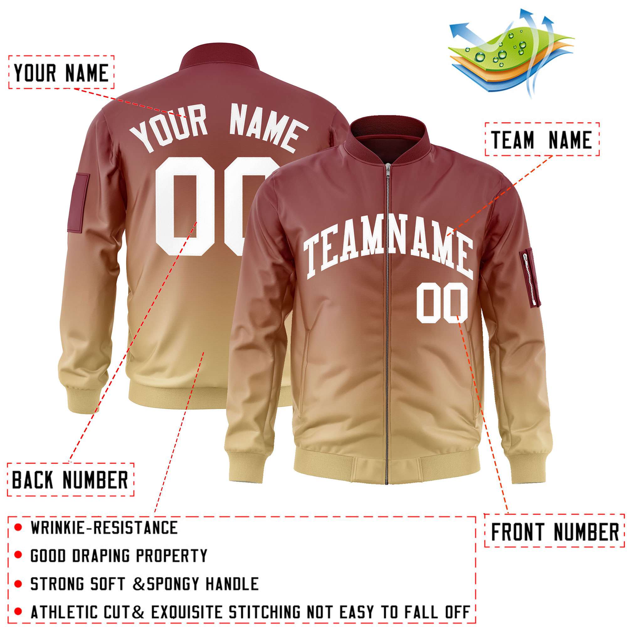 Custom Crimson Khaki-White Varsity Full-Zip Gradient Fashion Letterman Bomber Jacket