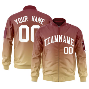 Custom Crimson Khaki-White Varsity Full-Zip Gradient Fashion Letterman Bomber Jacket