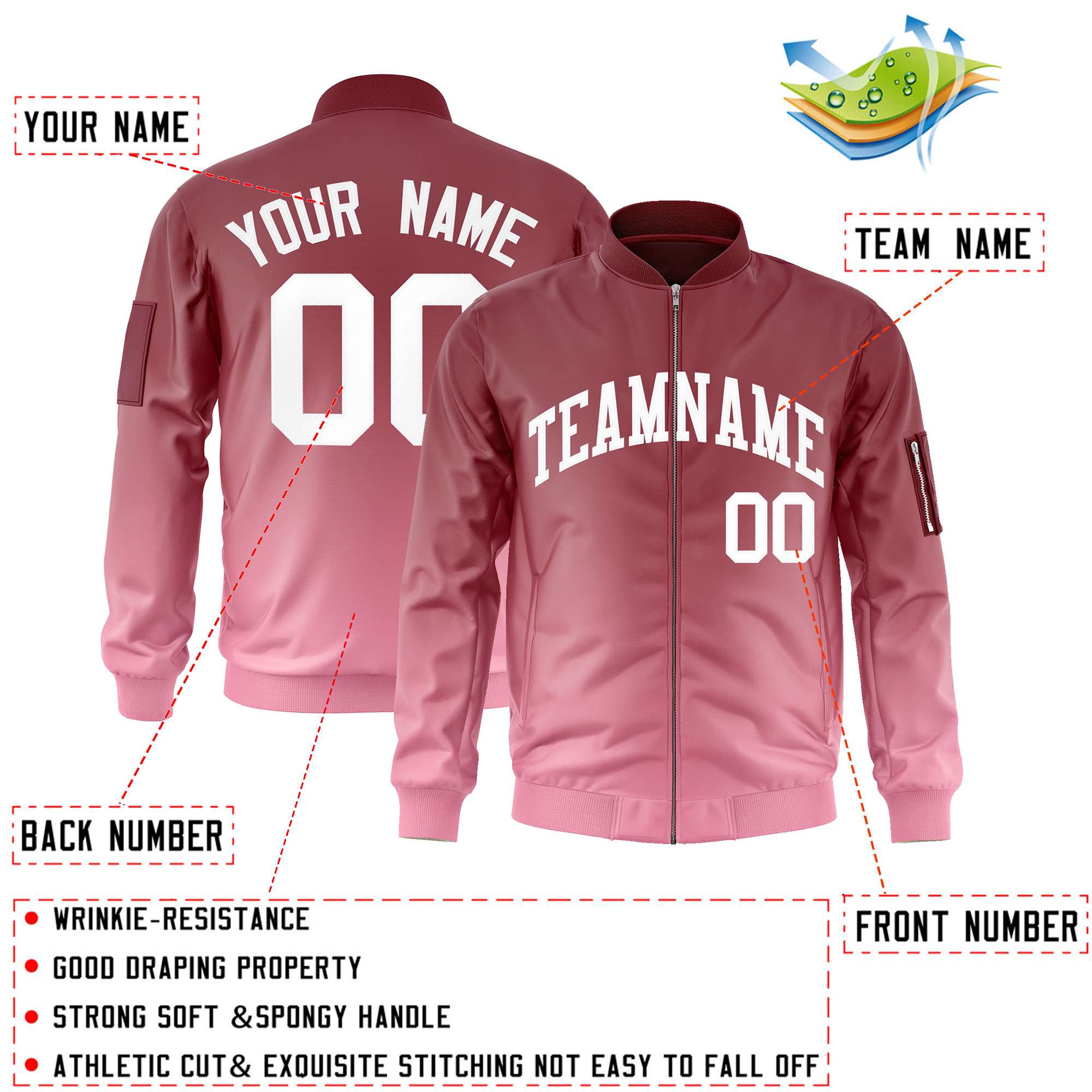 Custom Crimson Pink-White Varsity Full-Zip Gradient Fashion Letterman Bomber Jacket