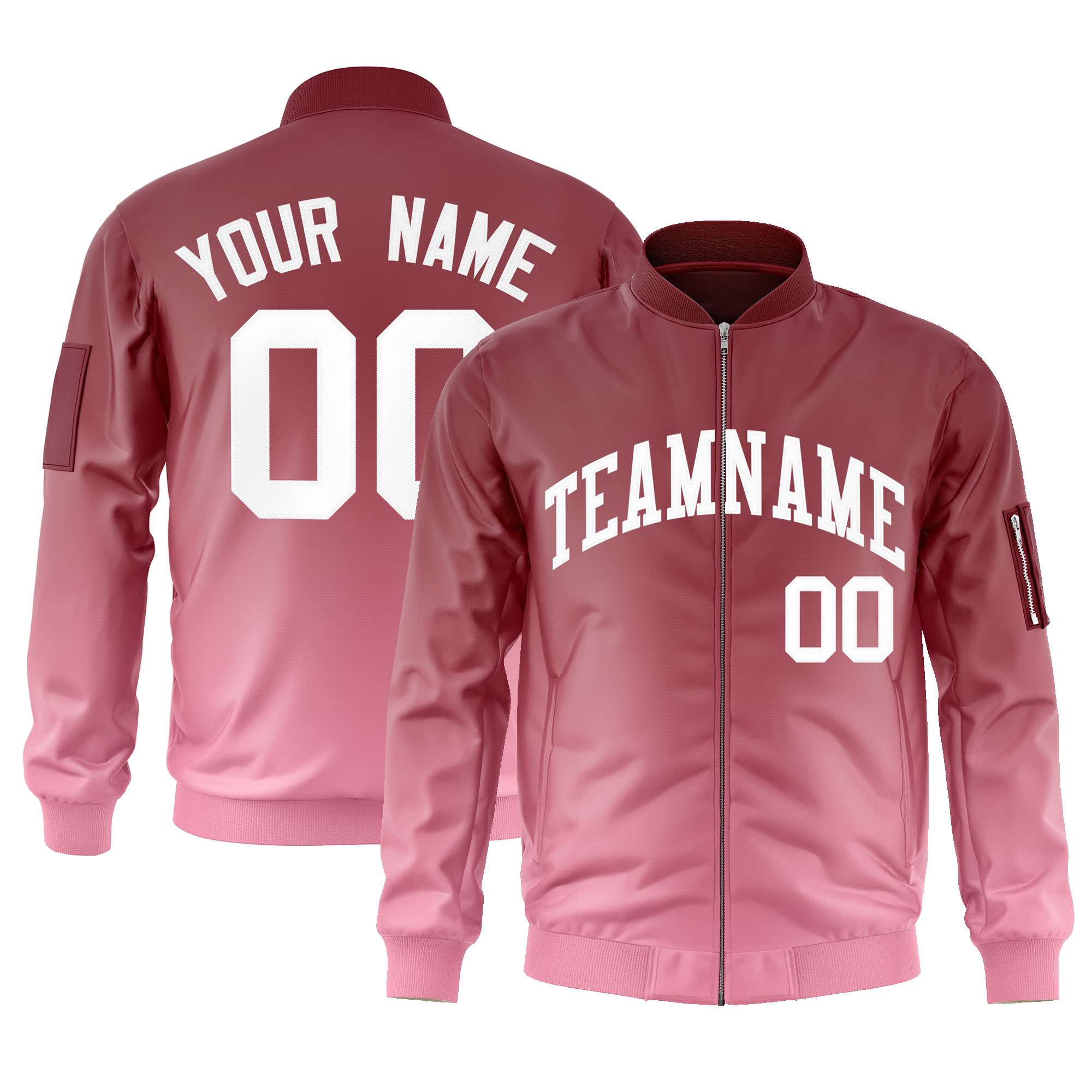 Custom Crimson Pink-White Varsity Full-Zip Gradient Fashion Letterman Bomber Jacket