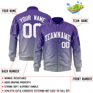 Custom Purple Gray-White Varsity Full-Zip Gradient Fashion Letterman Bomber Jacket