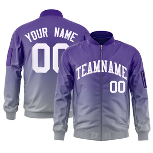 Custom Purple Gray-White Varsity Full-Zip Gradient Fashion Letterman Bomber Jacket