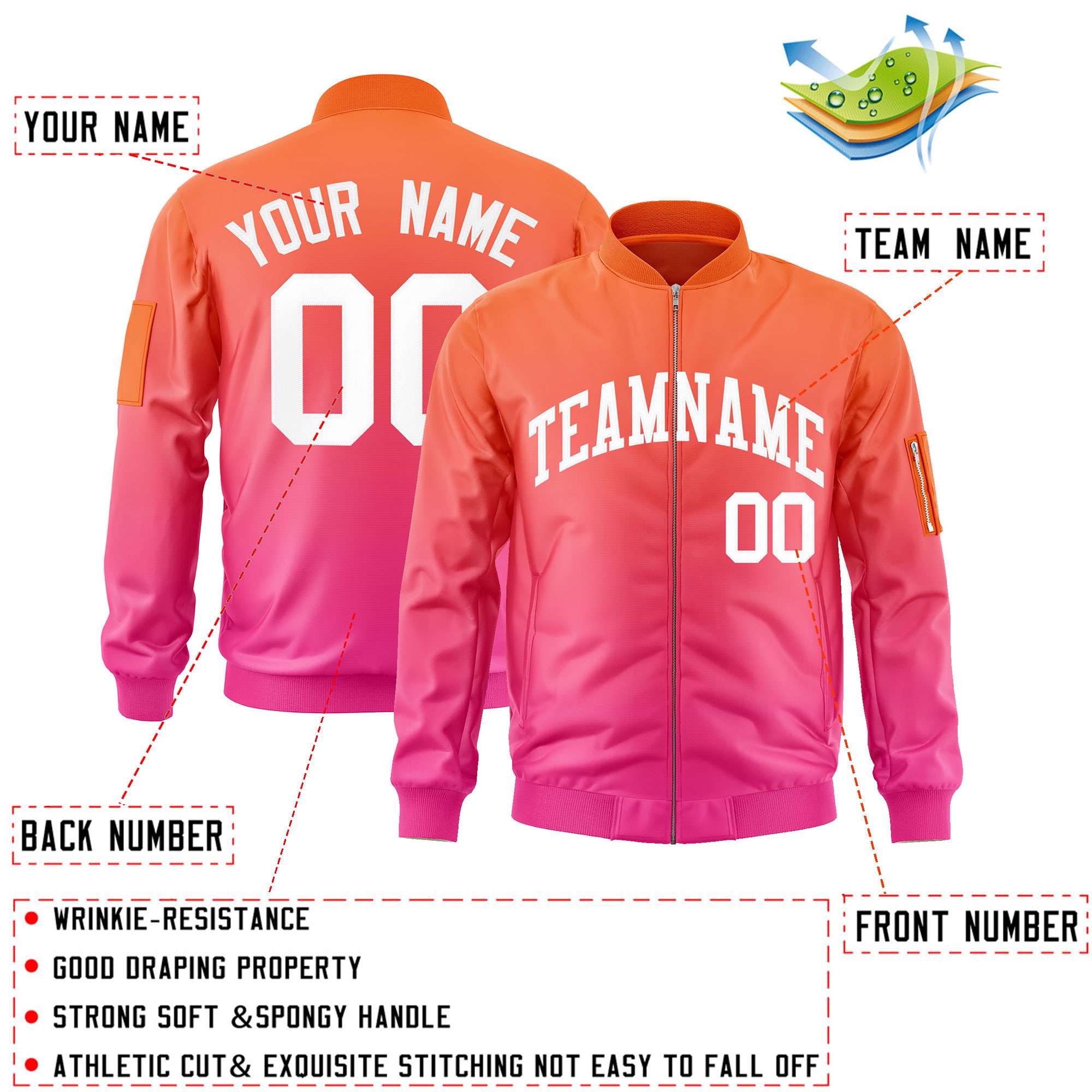 Custom Orange Pink-White Varsity Full-Zip Gradient Fashion Letterman Bomber Jacket