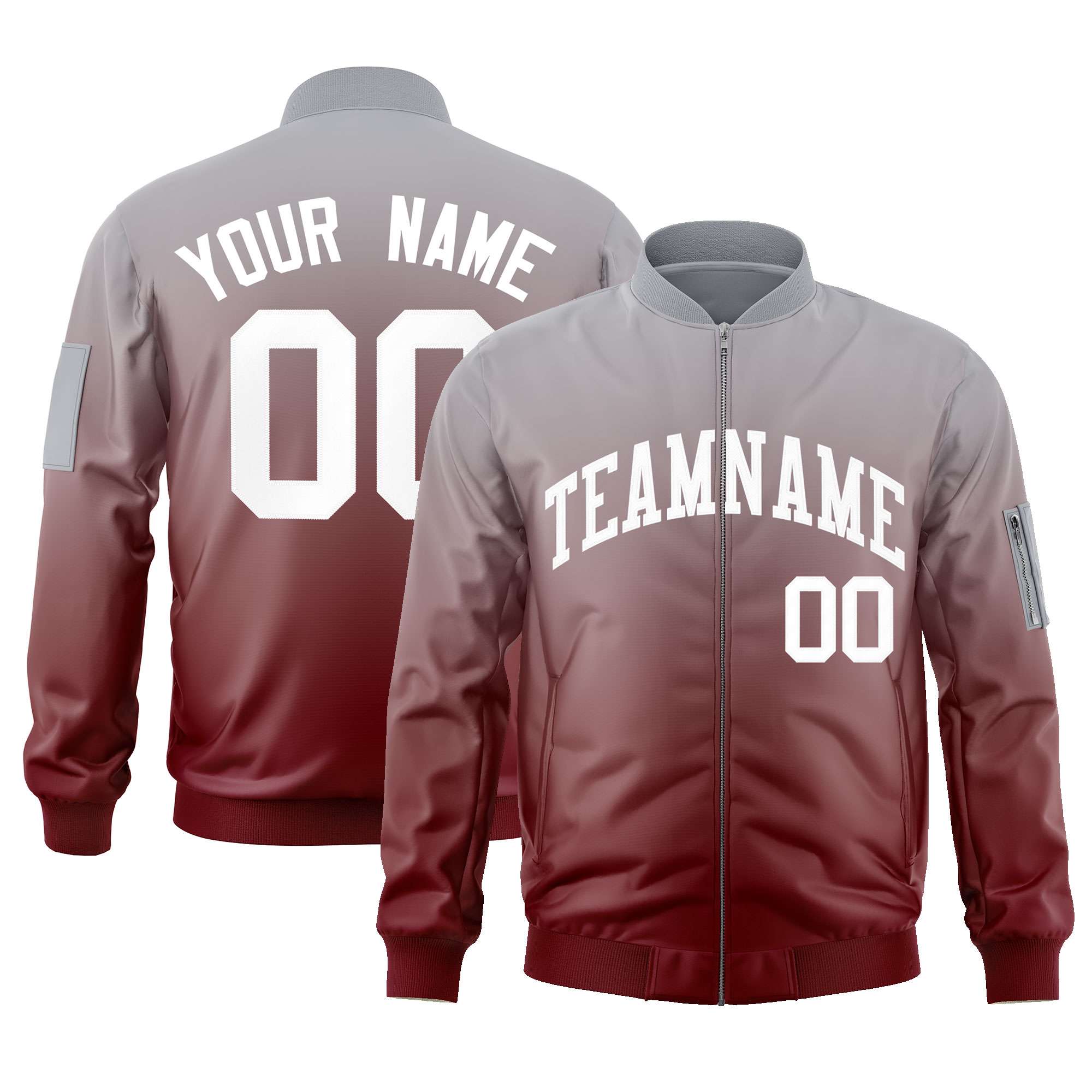 Custom Gray Crimson-White Varsity Full-Zip Gradient Fashion Letterman Bomber Jacket