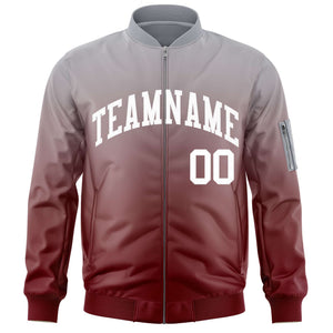 Custom Gray Crimson-White Varsity Full-Zip Gradient Fashion Letterman Bomber Jacket