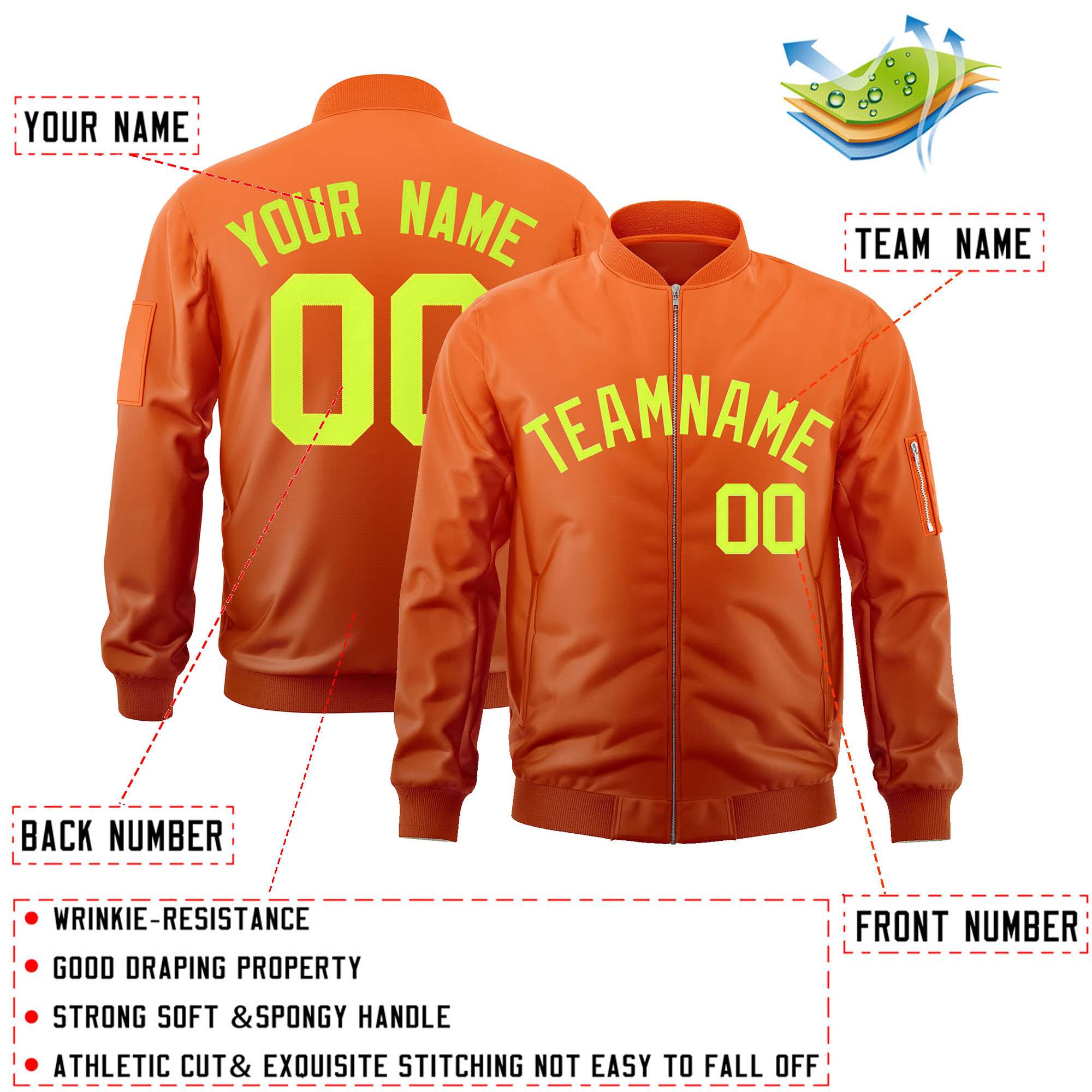 Custom Orange Neon Green Varsity Full-Zip Gradient Fashion Letterman Bomber Jacket