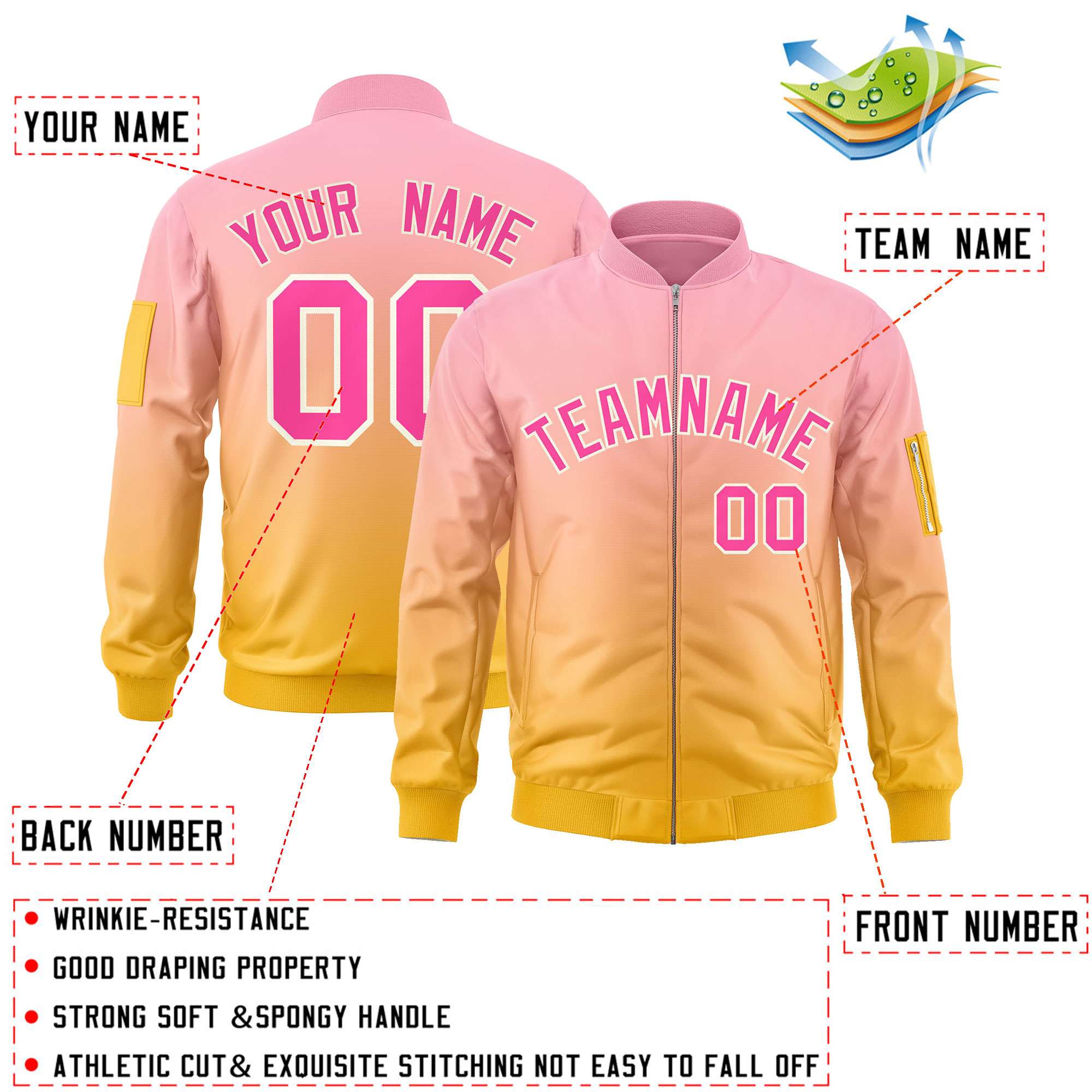 Custom Pink Gold Varsity Full-Zip Gradient Fashion Letterman Bomber Jacket