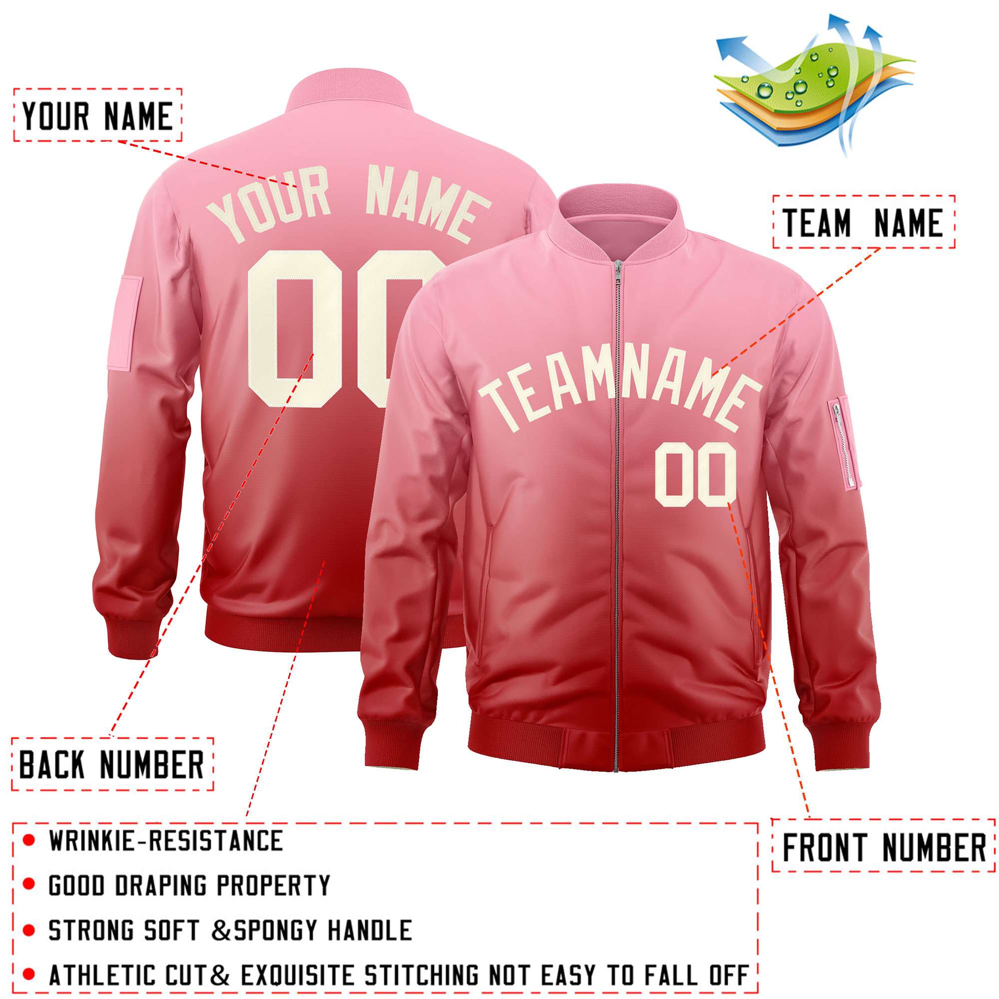 Custom Pink Red-Cream Varsity Full-Zip Gradient Fashion Letterman Bomber Jacket