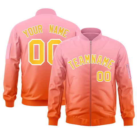 Custom Pink Orange-Gold Varsity Full-Zip Gradient Fashion Letterman Bomber Jacket