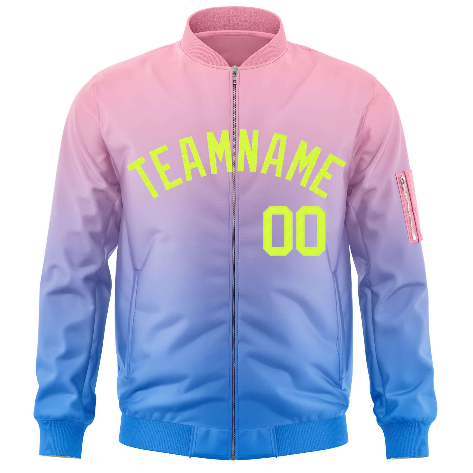 Custom Pink Powder Blue-Neon Green Varsity Full-Zip Gradient Fashion Letterman Bomber Jacket