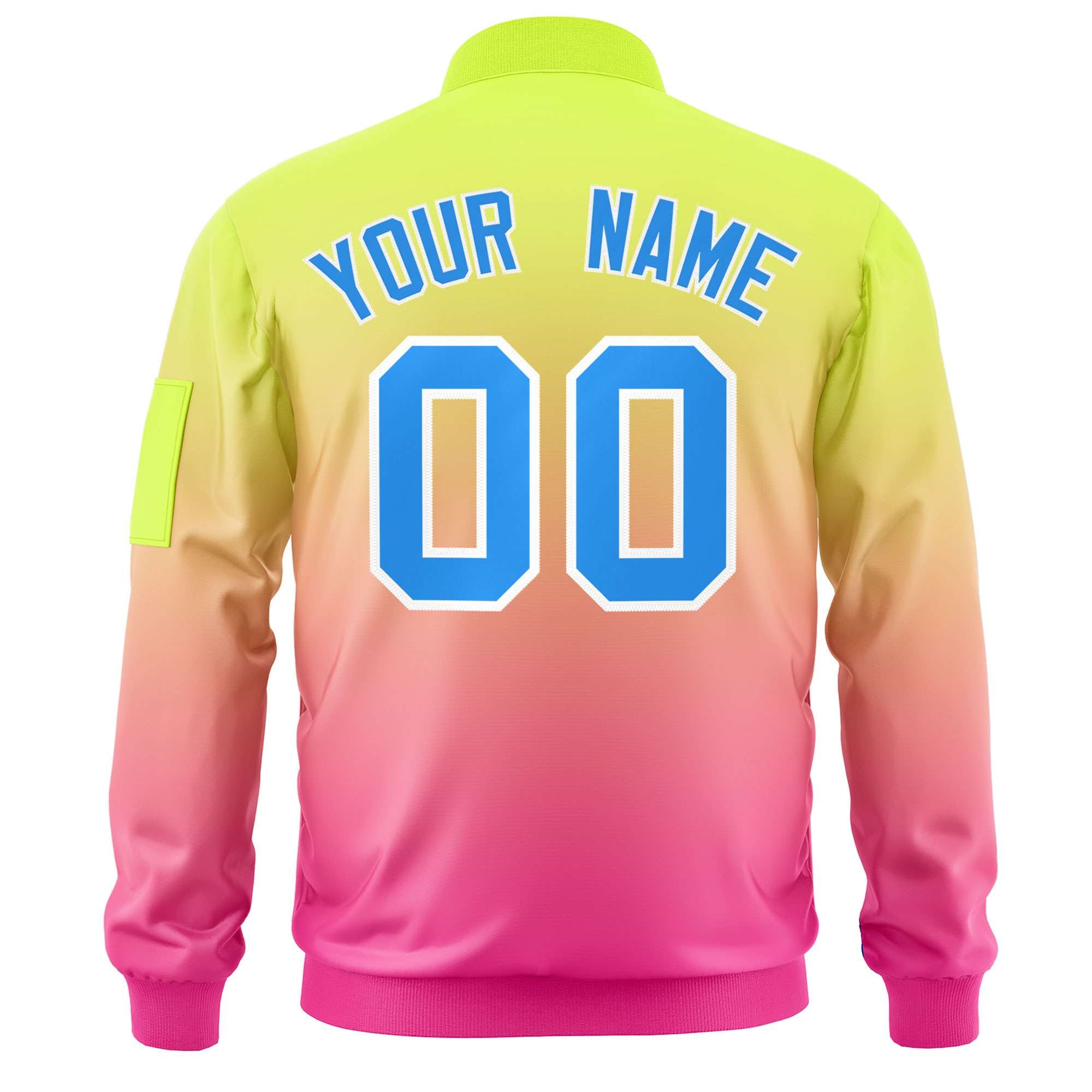 Custom Neon Green Pink-Powder Blue Varsity Full-Zip Gradient Fashion Letterman Bomber Jacket