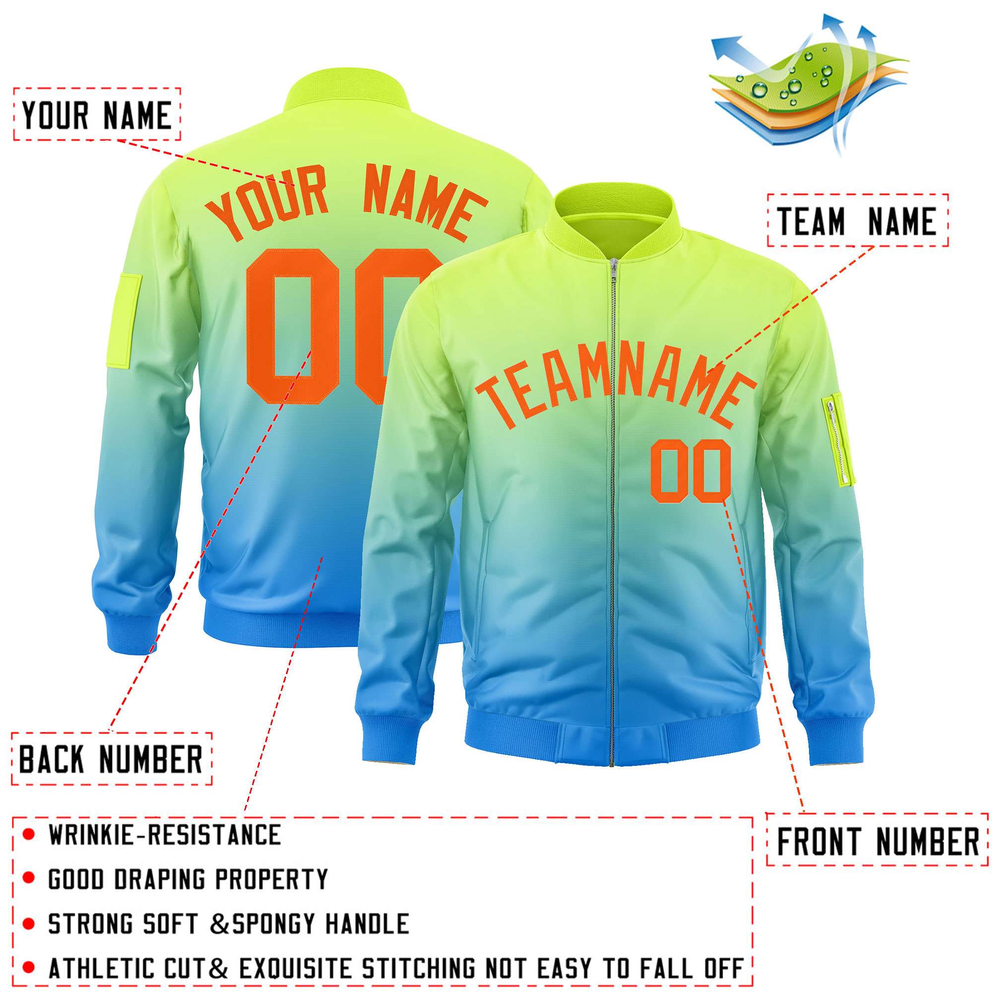 Custom Neon Green Powder Blue-Orange Varsity Full-Zip Gradient Fashion Letterman Bomber Jacket