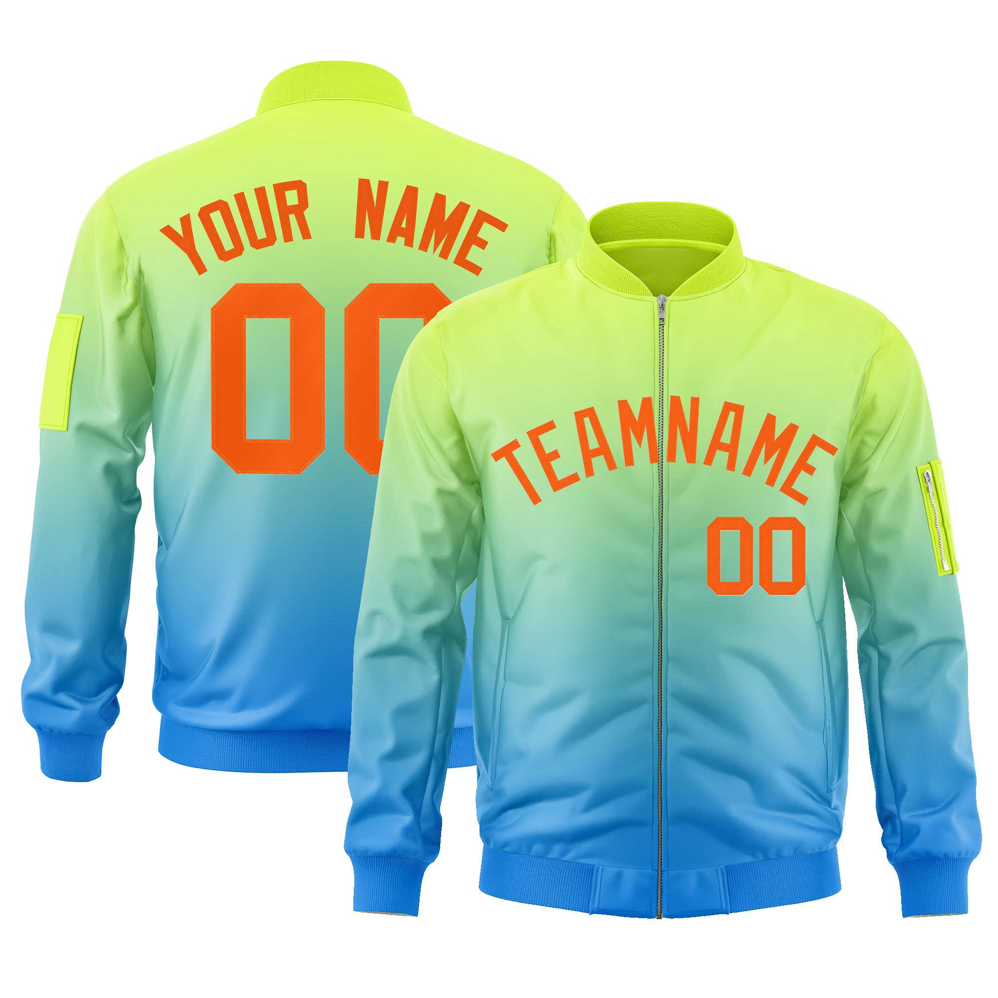 Custom Neon Green Powder Blue-Orange Varsity Full-Zip Gradient Fashion Letterman Bomber Jacket