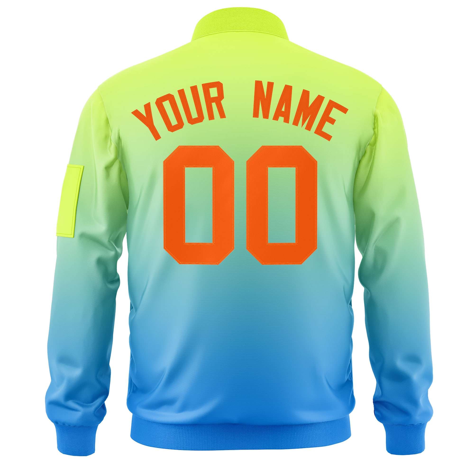 Custom Neon Green Powder Blue-Orange Varsity Full-Zip Gradient Fashion Letterman Bomber Jacket