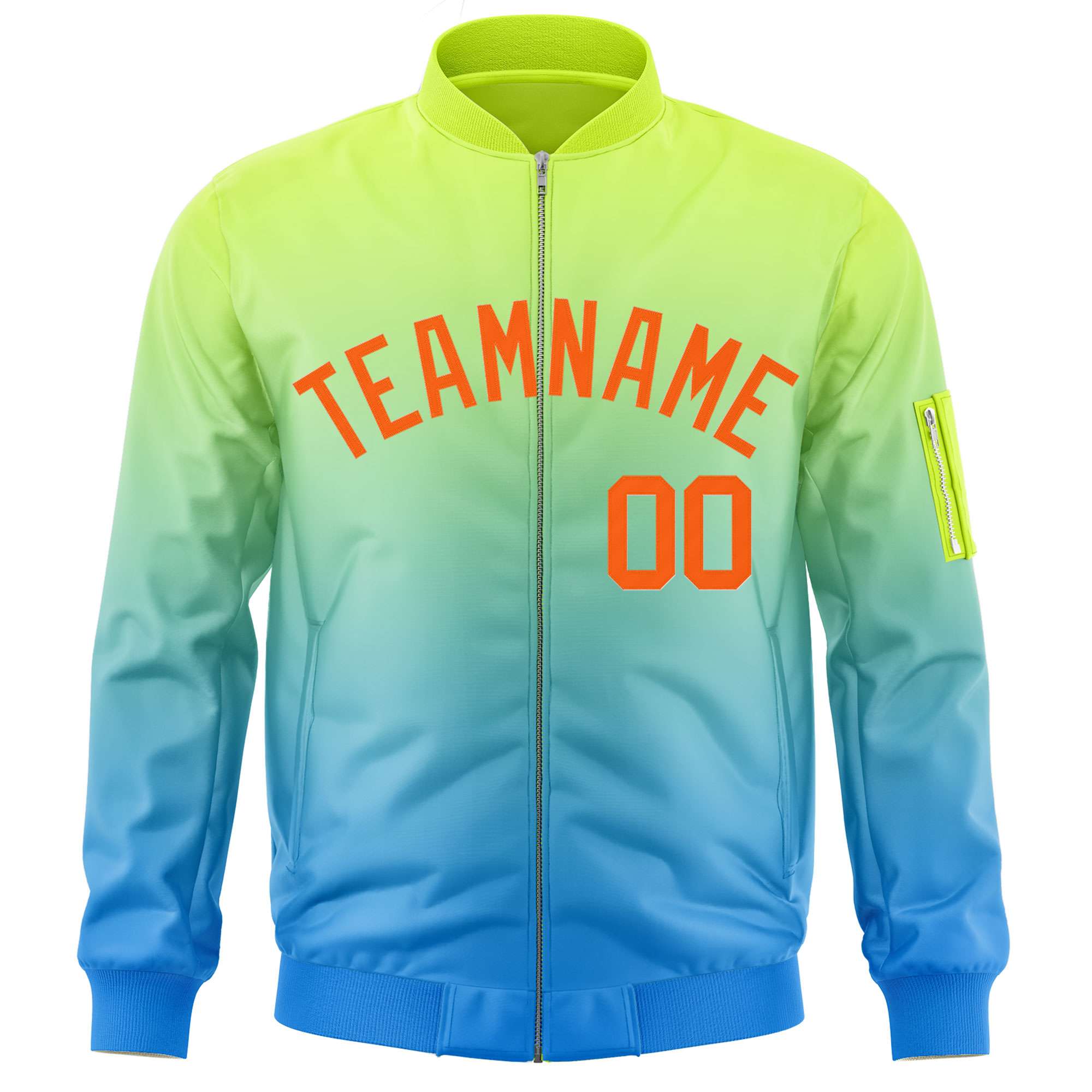 Custom Neon Green Powder Blue-Orange Varsity Full-Zip Gradient Fashion Letterman Bomber Jacket