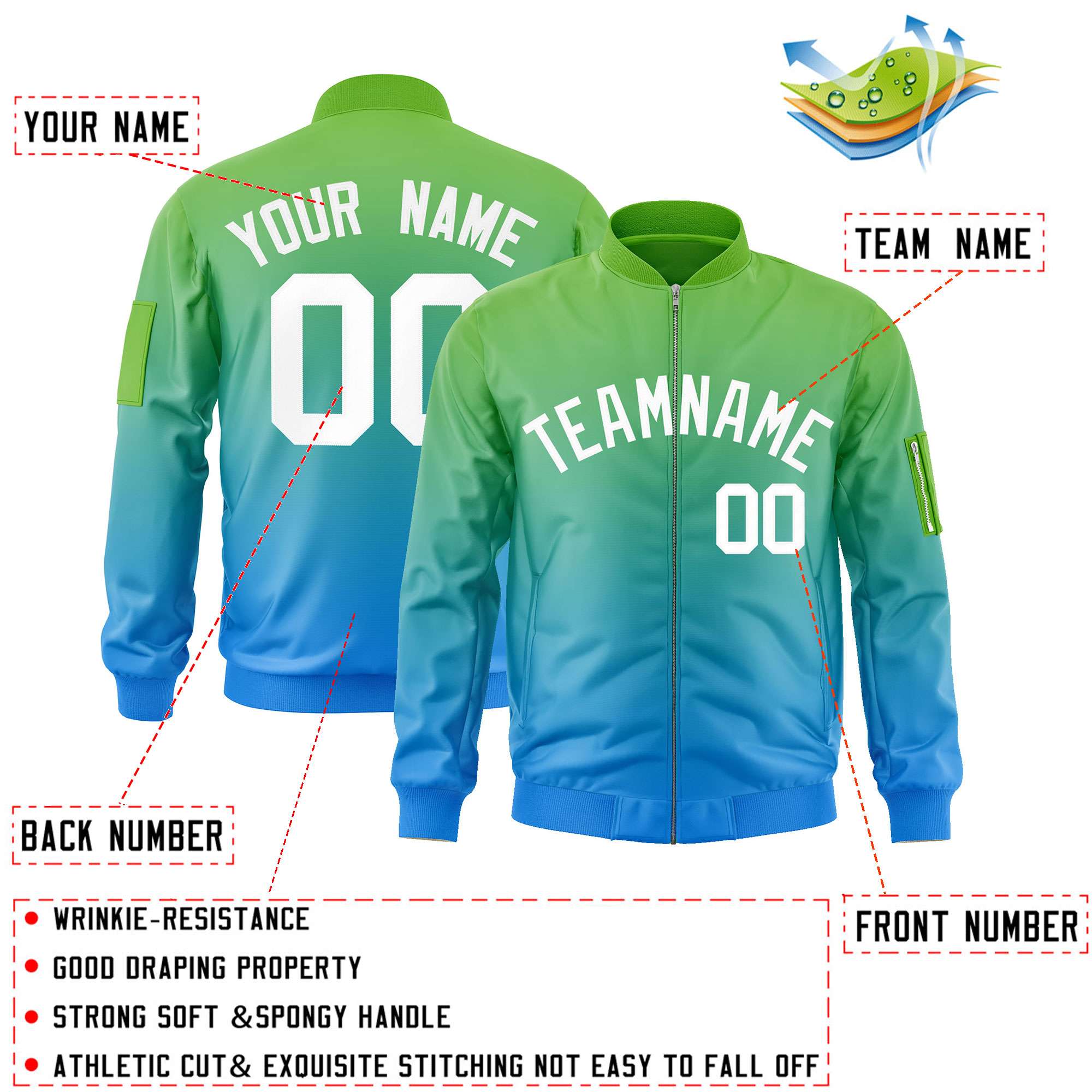 Custom Green Powder Blue-White Varsity Full-Zip Gradient Fashion Letterman Bomber Jacket