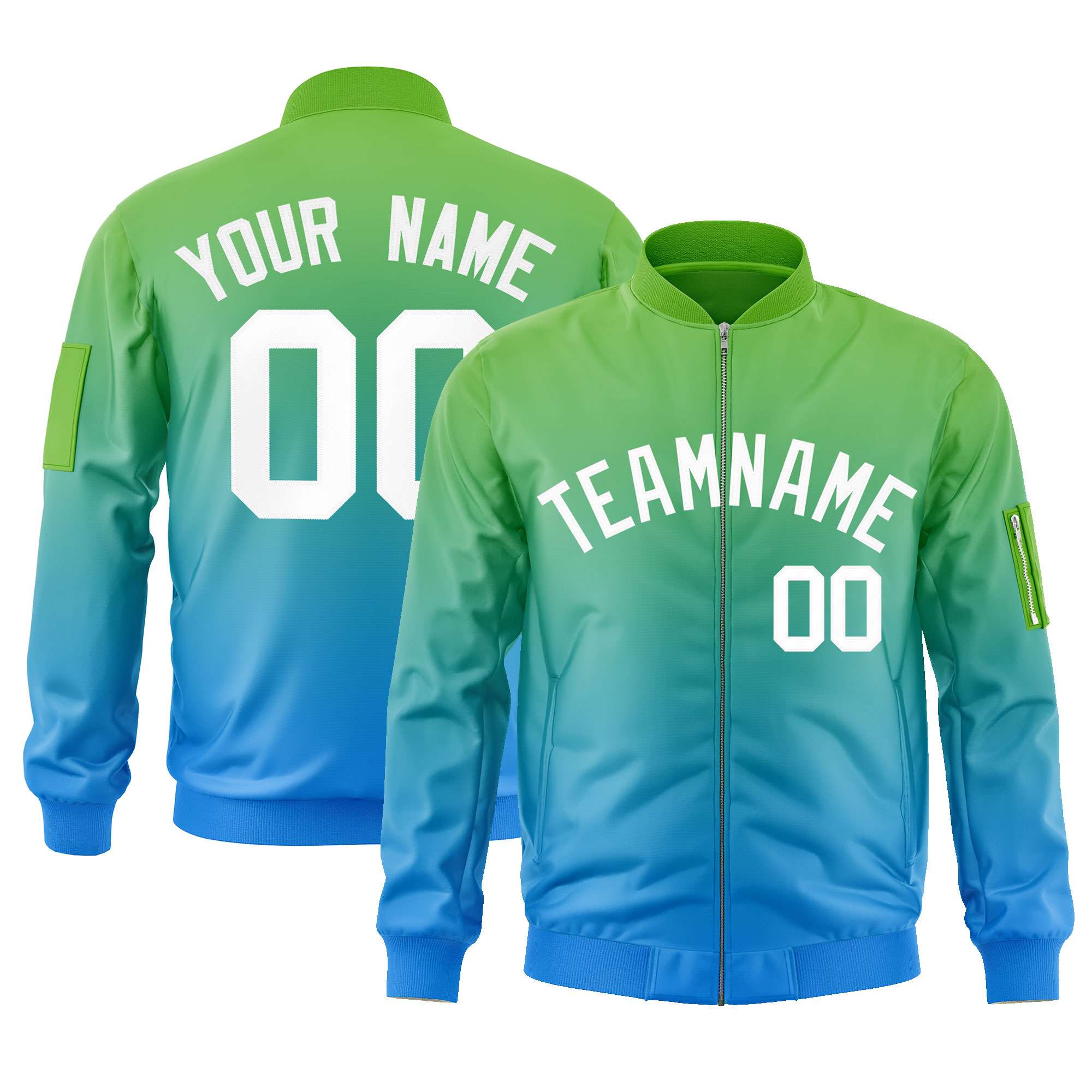 Custom Green Powder Blue-White Varsity Full-Zip Gradient Fashion Letterman Bomber Jacket